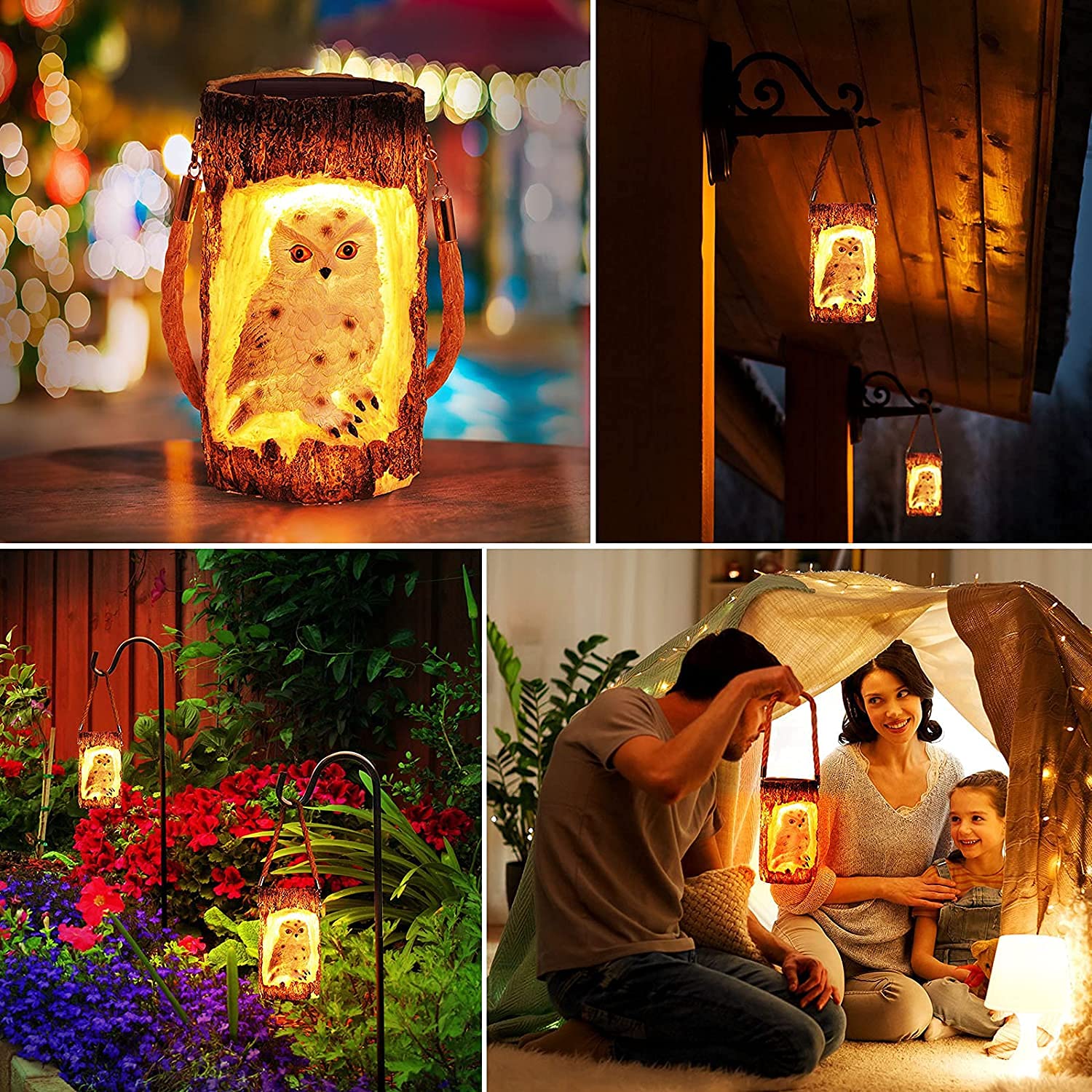 Lanterne a Sospensione Solari Lampada da Ceppo di Gufo Impermeabile for Esterni con Maniglia Statua di Gufo a LED Statuetta di Prato Leggero ad Energia Solare for Patio Cortile Giardino Portico Decora