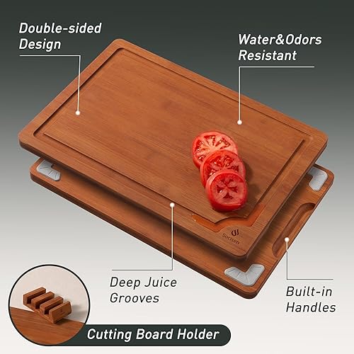 Miniatura 4 de Juego de 3 tablas de cortar de bambú con soporte antideslizante para pies y sobre el fregadero, bonito tablero de cortar de madera maciza gruesa con