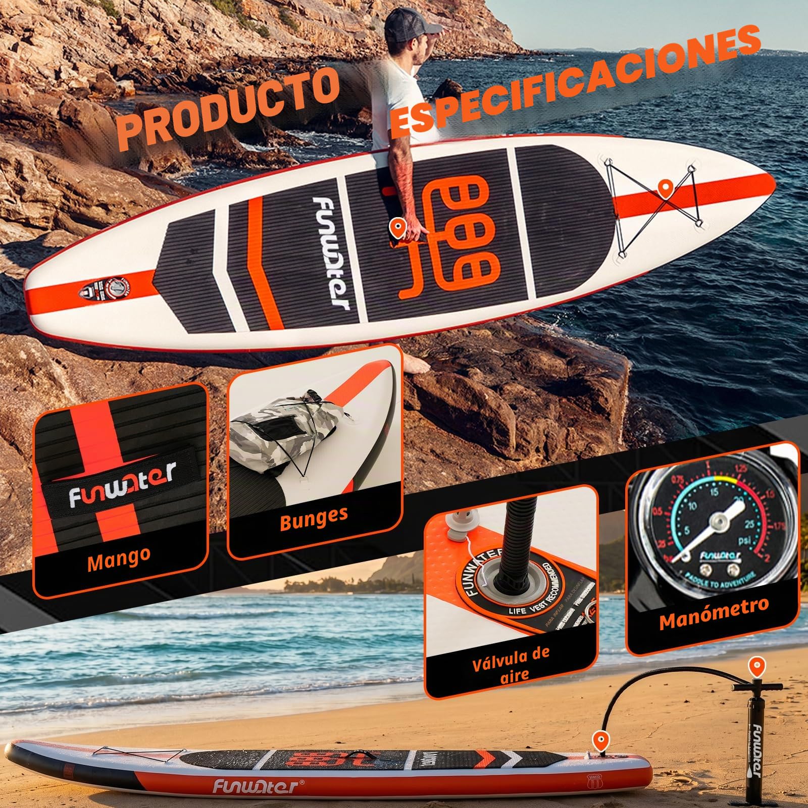 FunWater Tabla de Surf Hinchable Sup,with Bomba, PaletaMochila de Viaje,Correa para el pie,Bolsa Impermeable para teléfono móvil