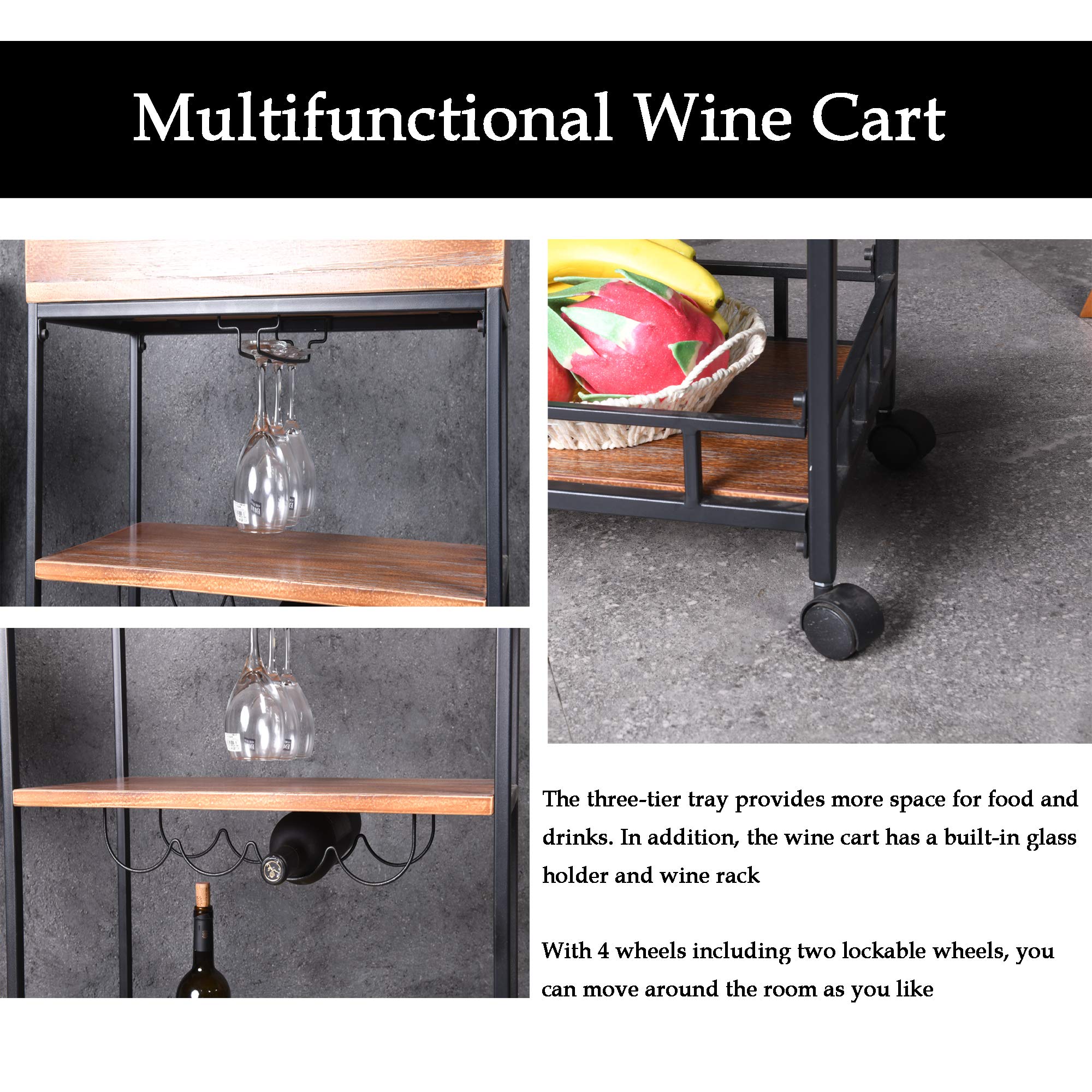 DIWHY 3-stöckiger Rollwagen – Industriell-Look Mit Holzplatten & Rädern | Perfekt Für Wein, Küche, Bar Oder Als Aufbewahrungswagen