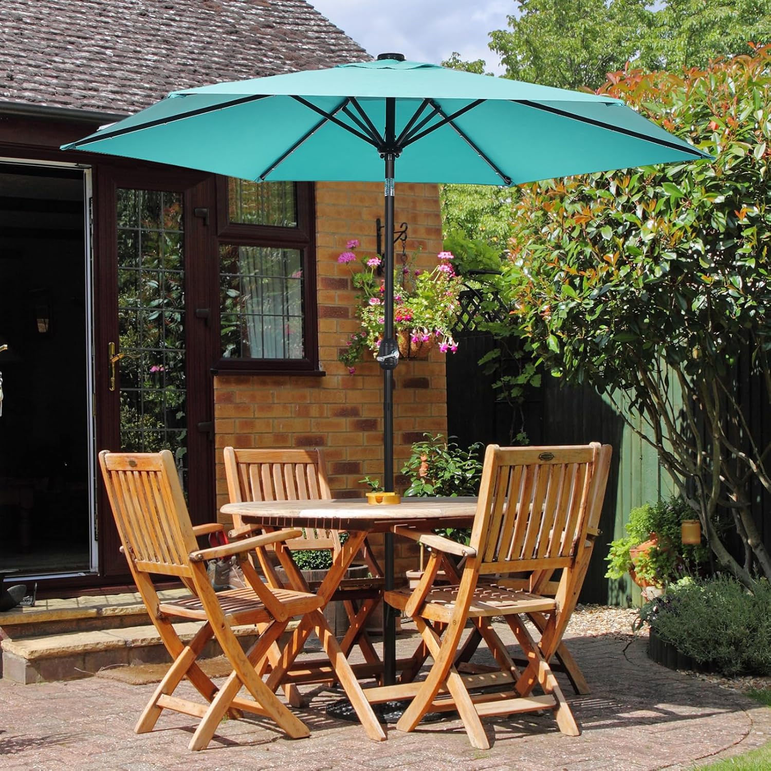 Sosoport 9ft Patio Umbrella with LED Light Leisure Umbrella Crank Adjustable Umbrellas Canopy for Cafe Garden Deck Backyard Pool