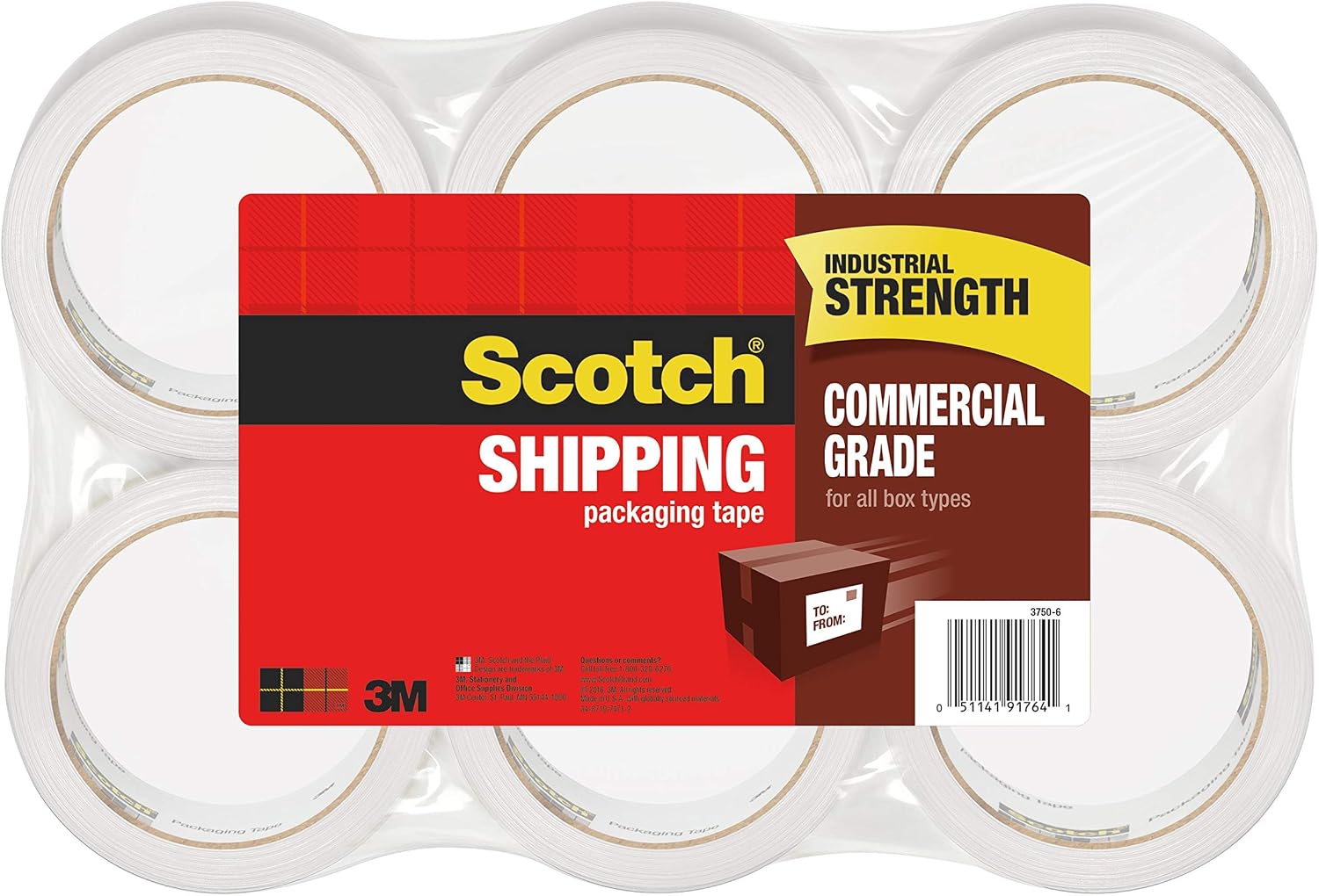 Scotch Commercial Grade Shipping Packaging Tape, 1.88" x 54.6 yd, Designed for Packing, Shipping and Mailing, Guaranteed to Stay Sealed, 3" Core, Clear, 6 Rolls (3750-6)