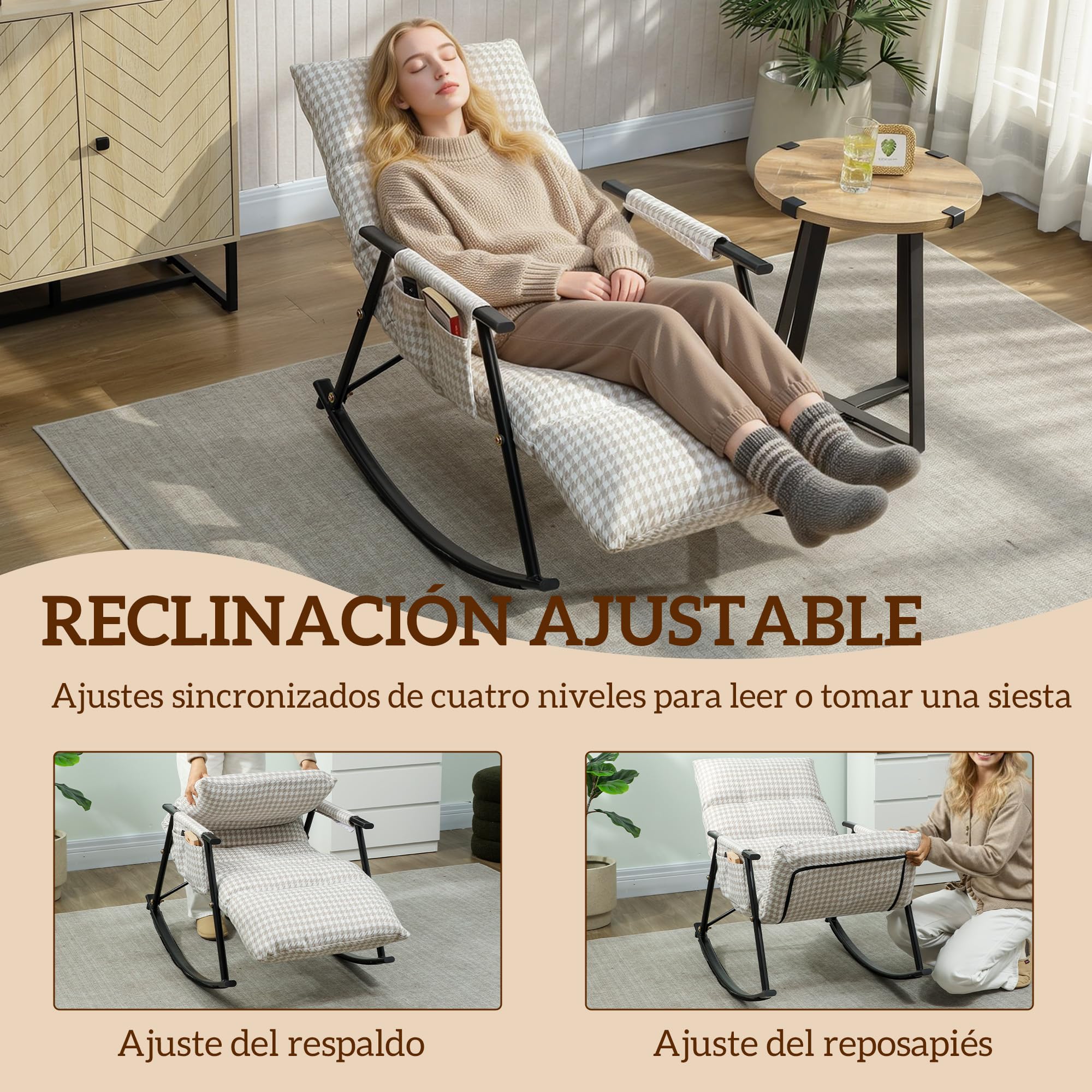 HOMCOM Silla Mecedora con Respaldo y Reposapiés Ajustables, Mecedora Sillón Balancín 105°, Tapizada en Lino, con Bolsillo Lateral y Marco de Metal, Carga 120 kg, para Dormitorio, Salón, Gris y Blanco