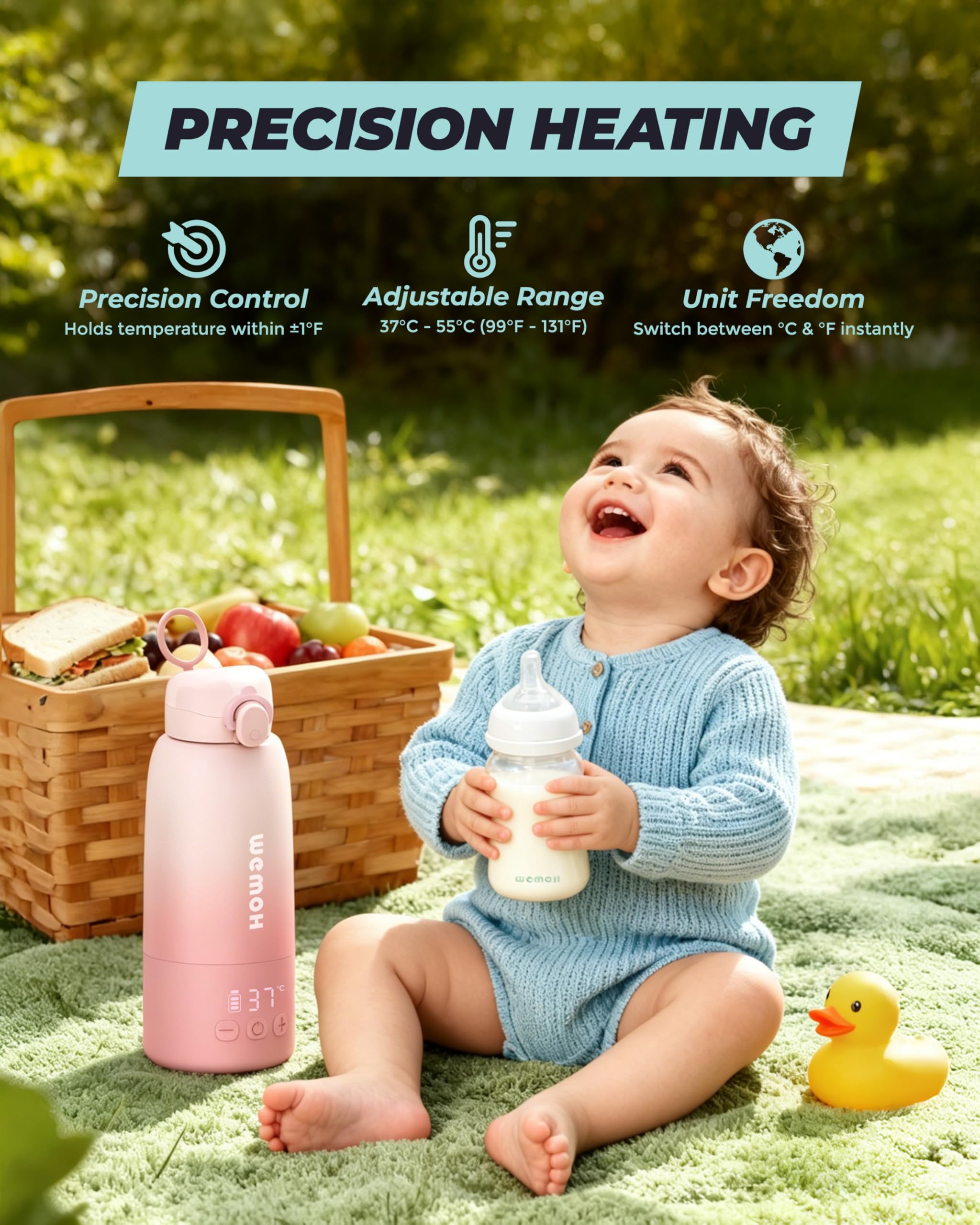 Calentador de biberones portátil para bebé con función de autolimpieza, calentamiento rápido de 100 W, control de temperatura preciso, capacidad de 450 ml, batería para 2 – 3 calentamientos de una