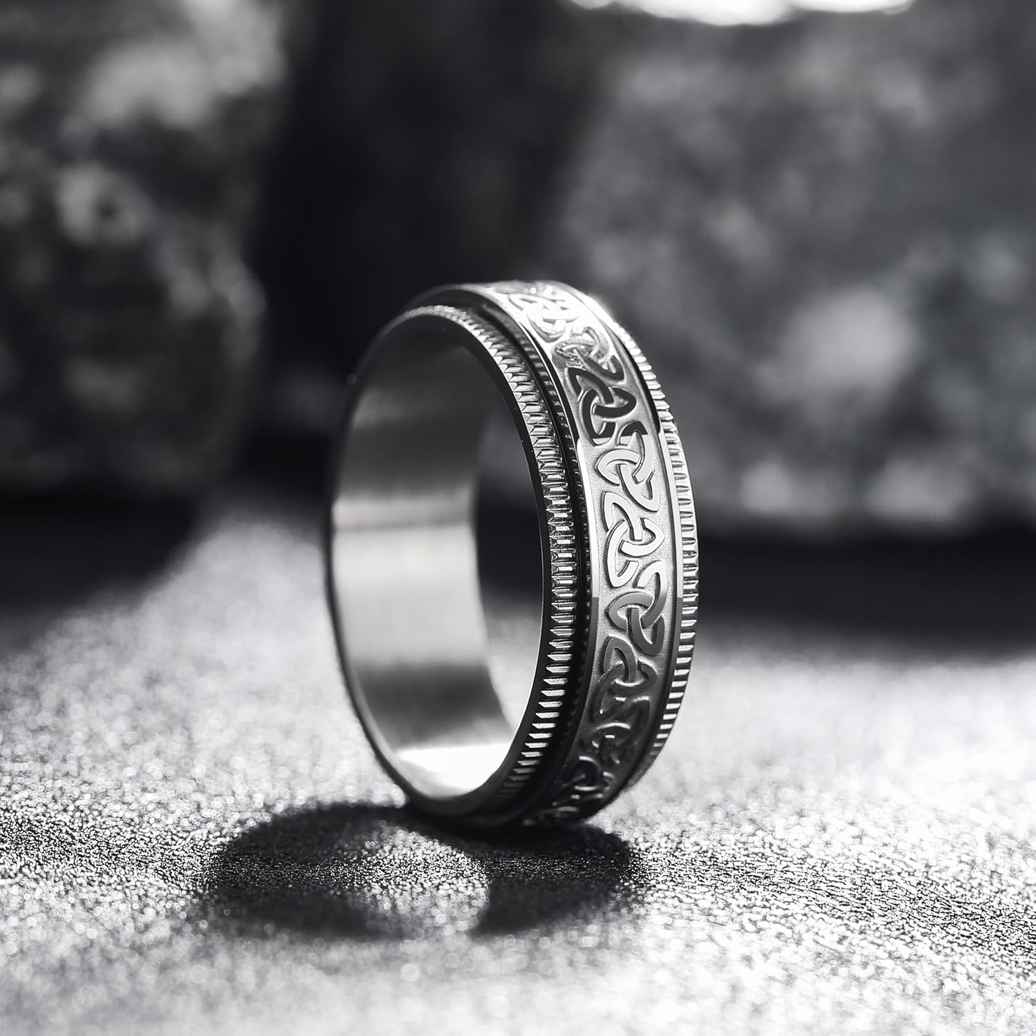 King Will 316L Stainless Steel Spinner Ring for Men Women- 8mm Width Black/Silver Fidget Ring with Dragon/Celtic Knot Pattern, Stress Anxiety Relief Comfort Fit Wedding Band Size 6-14