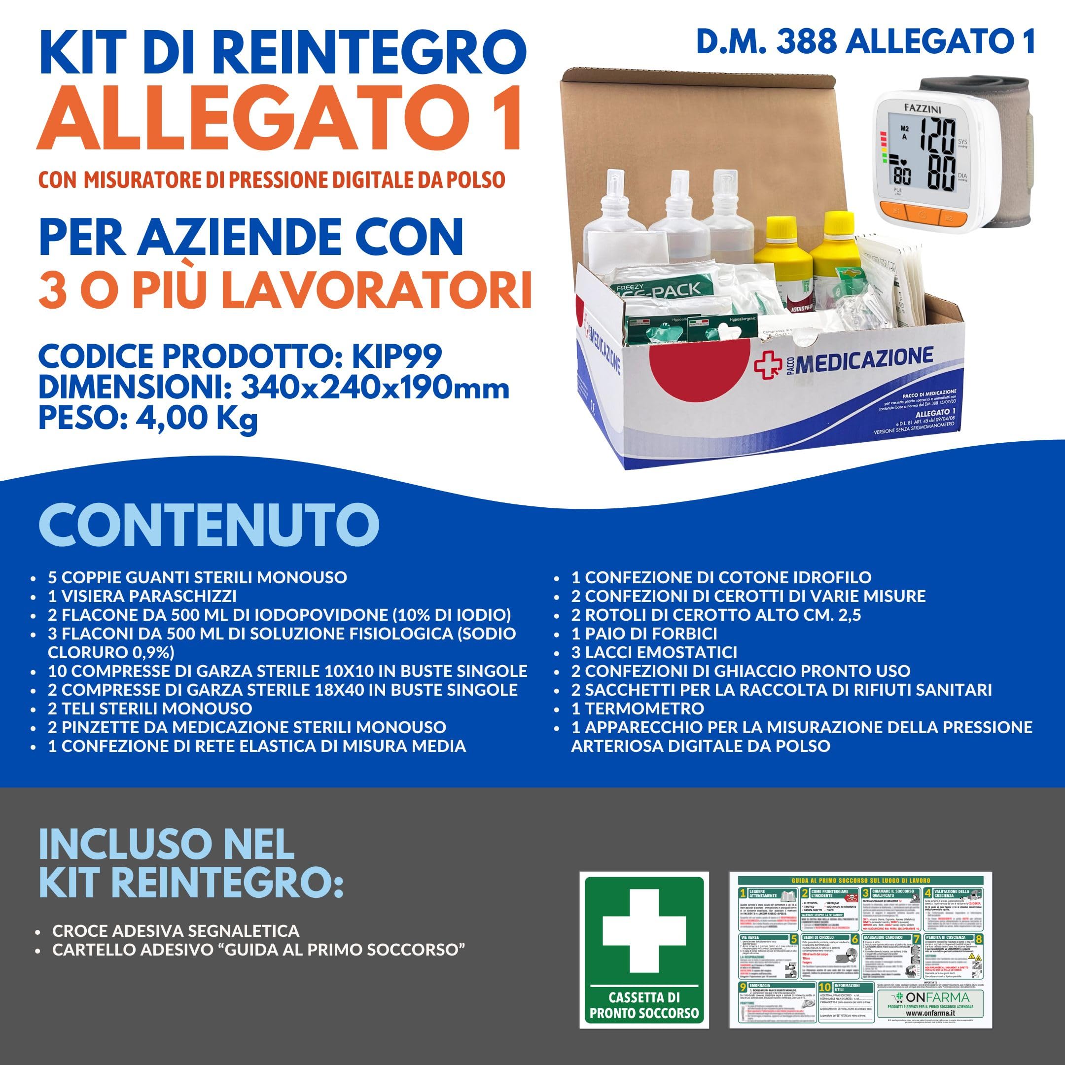 ONFARMA KIT REINTEGRO DIGIT POLSO pacchetto ricambio per cassetta medica di pronto soccorso con MISURATORE DI PRESSIONE DIGITALE DA POLSO e CARTELLO per aziende con 3 o più lavoratori