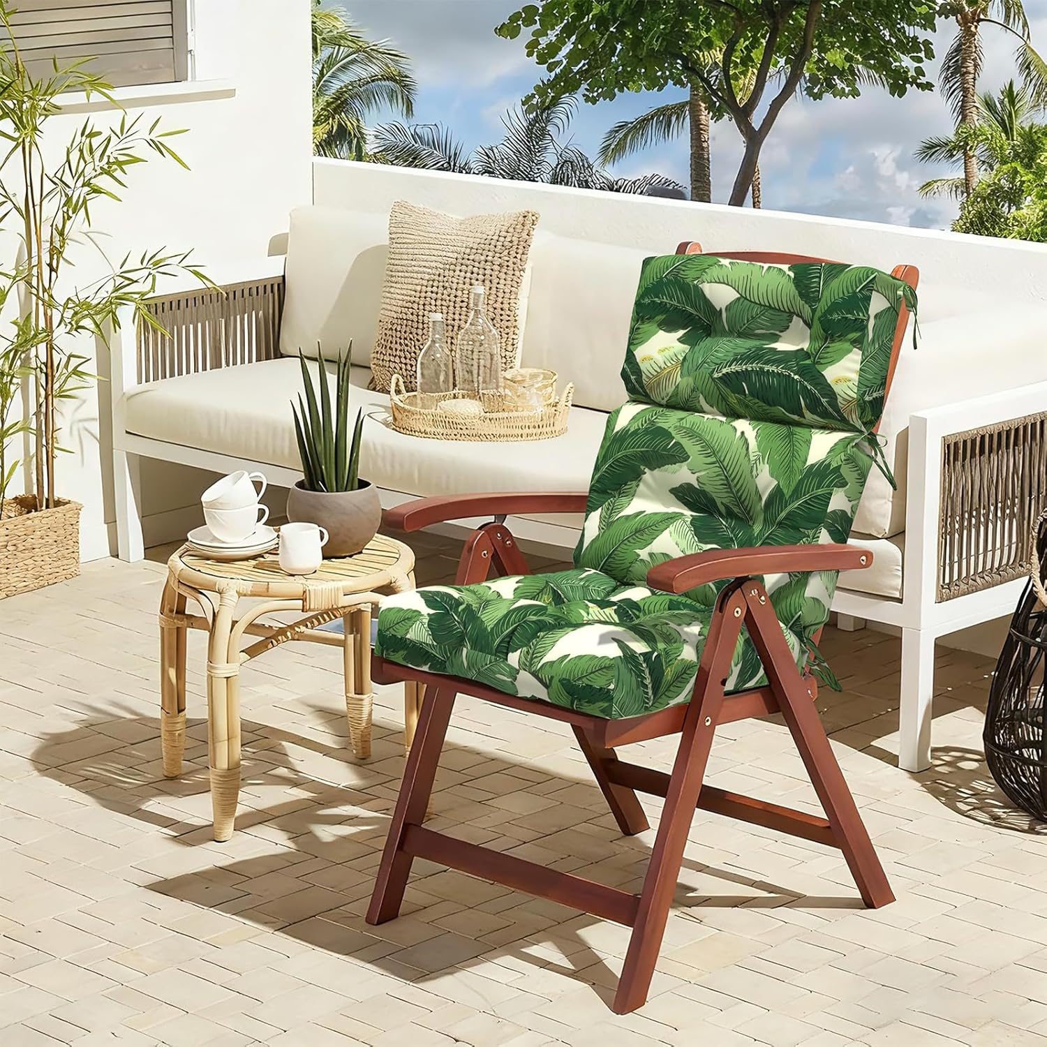 LVTXIII Outdoor Seat/Back Chair Cushion Patio Tufted High Back Cushion, Seasonal Replacement Rocking Chair Cushion with Ties (22” W x 20D”, Set of 2, Swaying Palms Green)