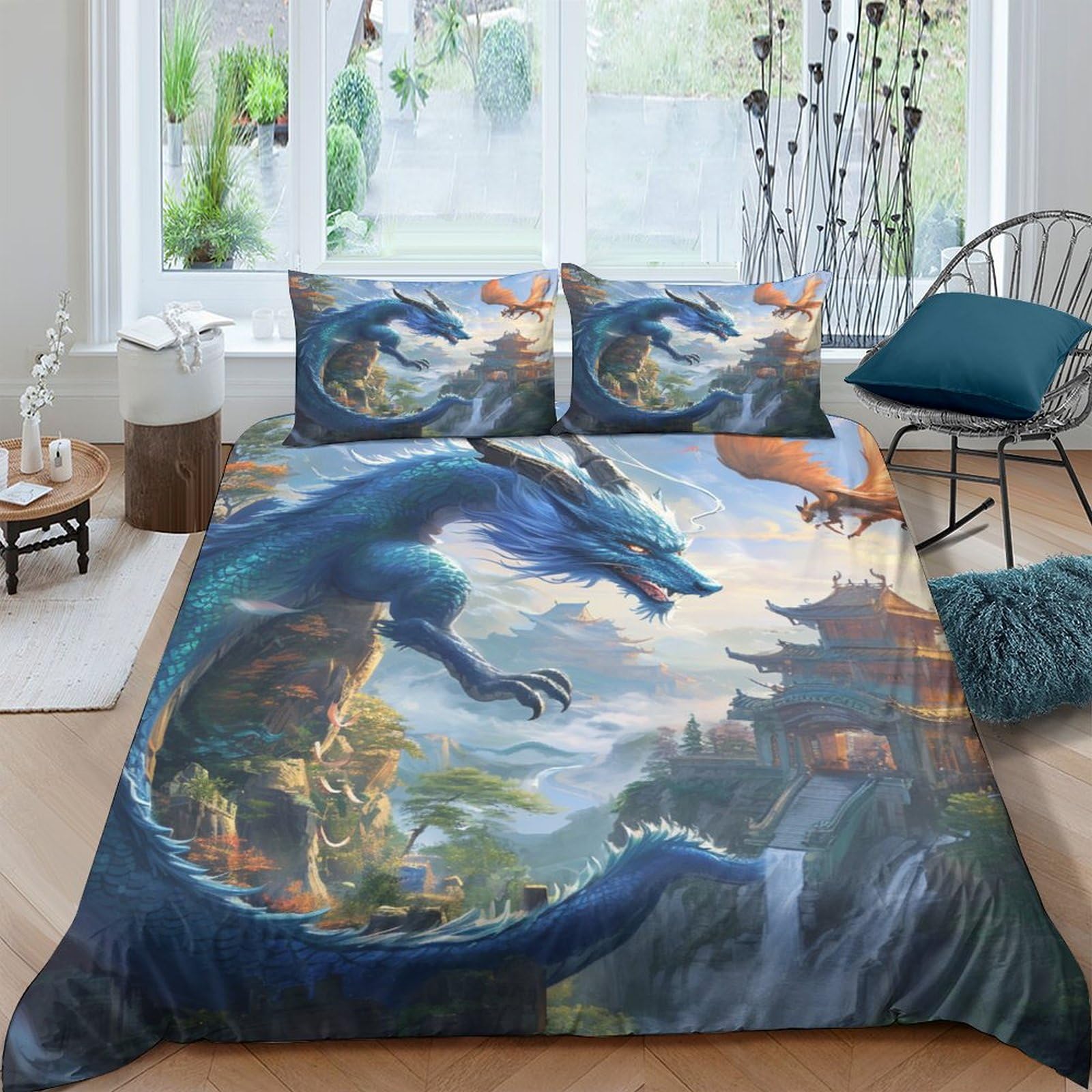 Housse de couette dragon anti-allergie en tissu microfibre ultra doux pour lit 2 personnes