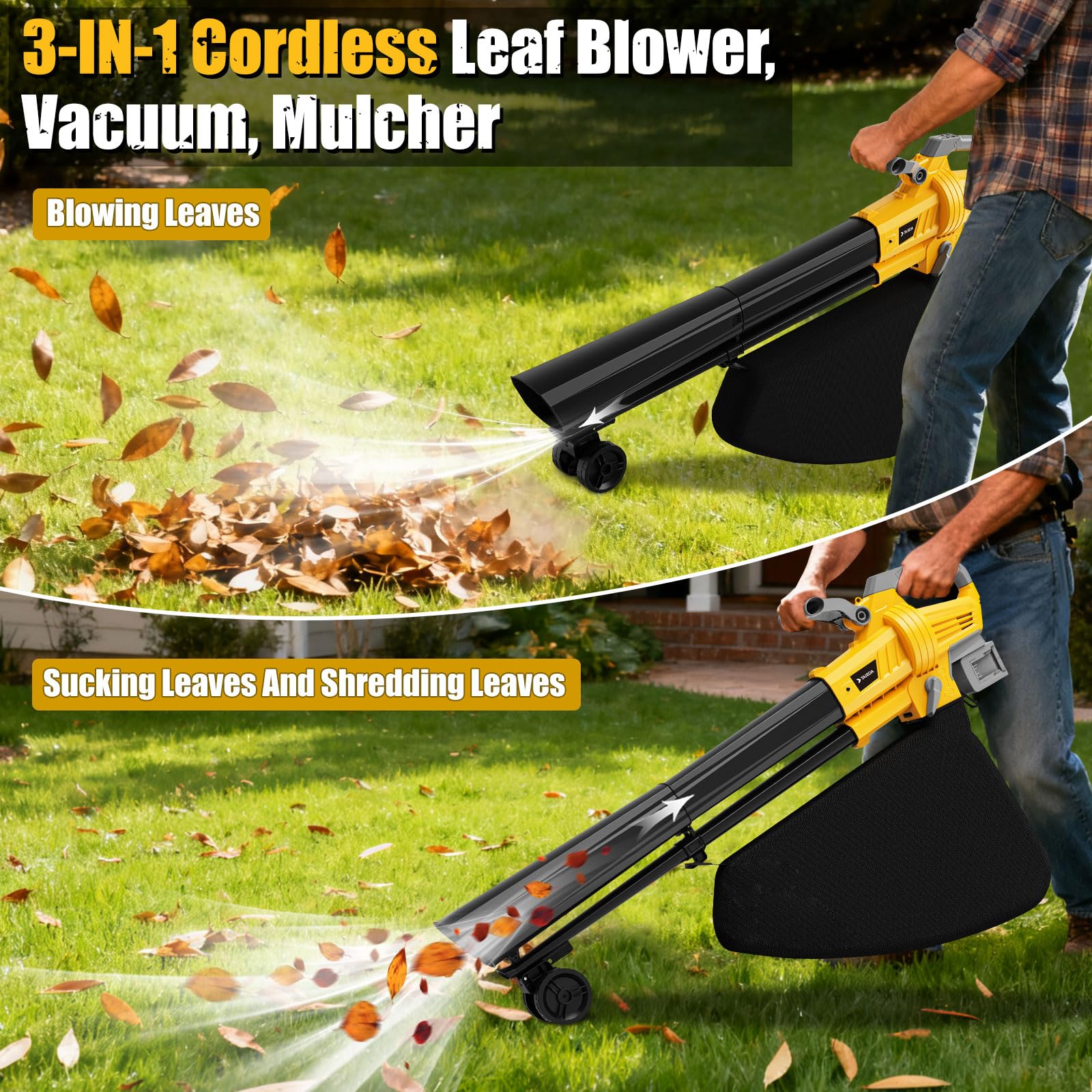 Soplador de hojas al vacío compatible con batería Dewalt de 20 V (sin batería), soplador de hojas eléctrico inalámbrico 3 en 1 con bolsa de recolección de 40 L, modo turbo para una limpieza
