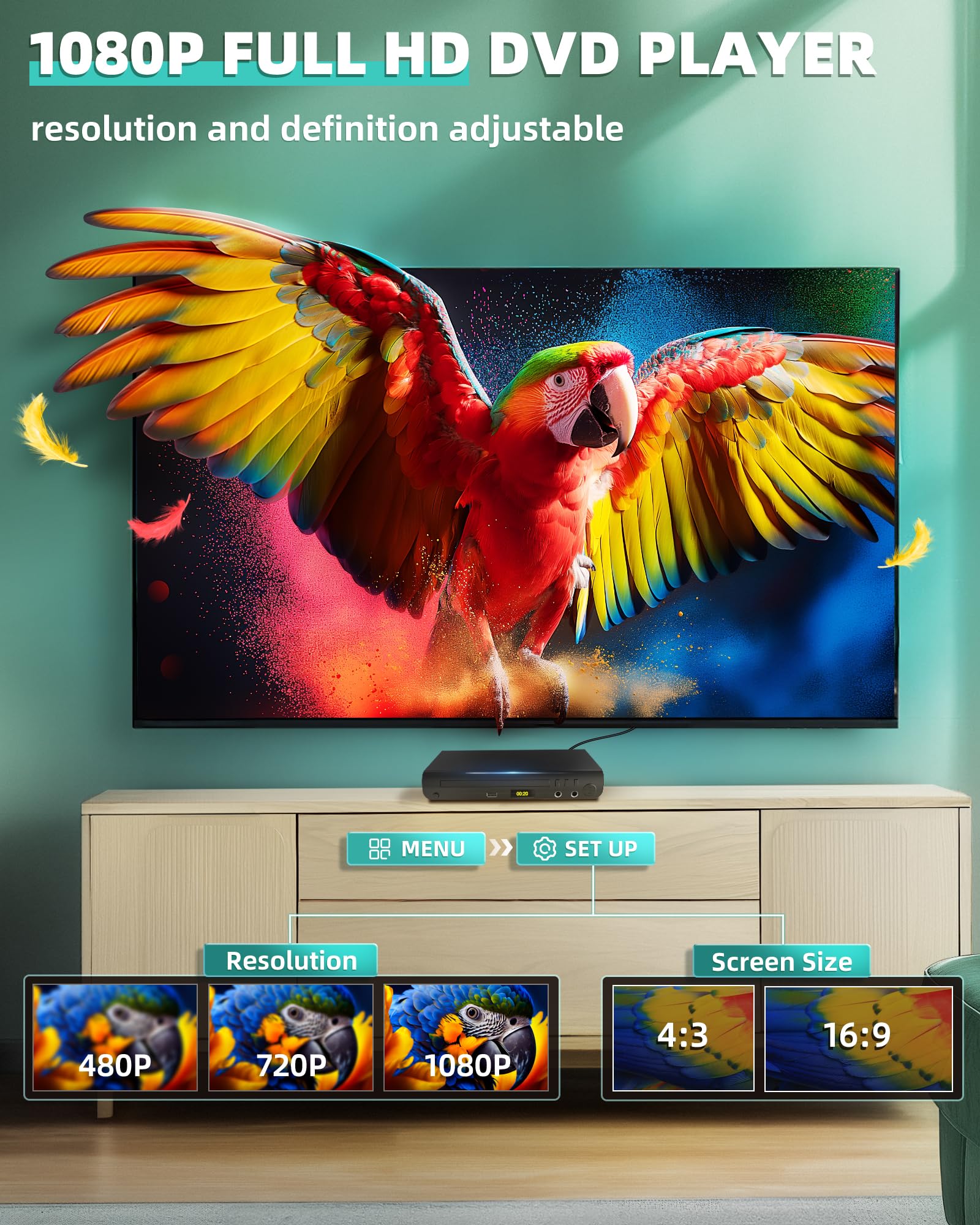 Lettore DVD HDMI per TV, lettori DVD per tutte le regioni con porte karaoke e ingresso USB, compatibilità PAL/NTSC, lettore CD domestico con cavi HDMI e RCA/AV