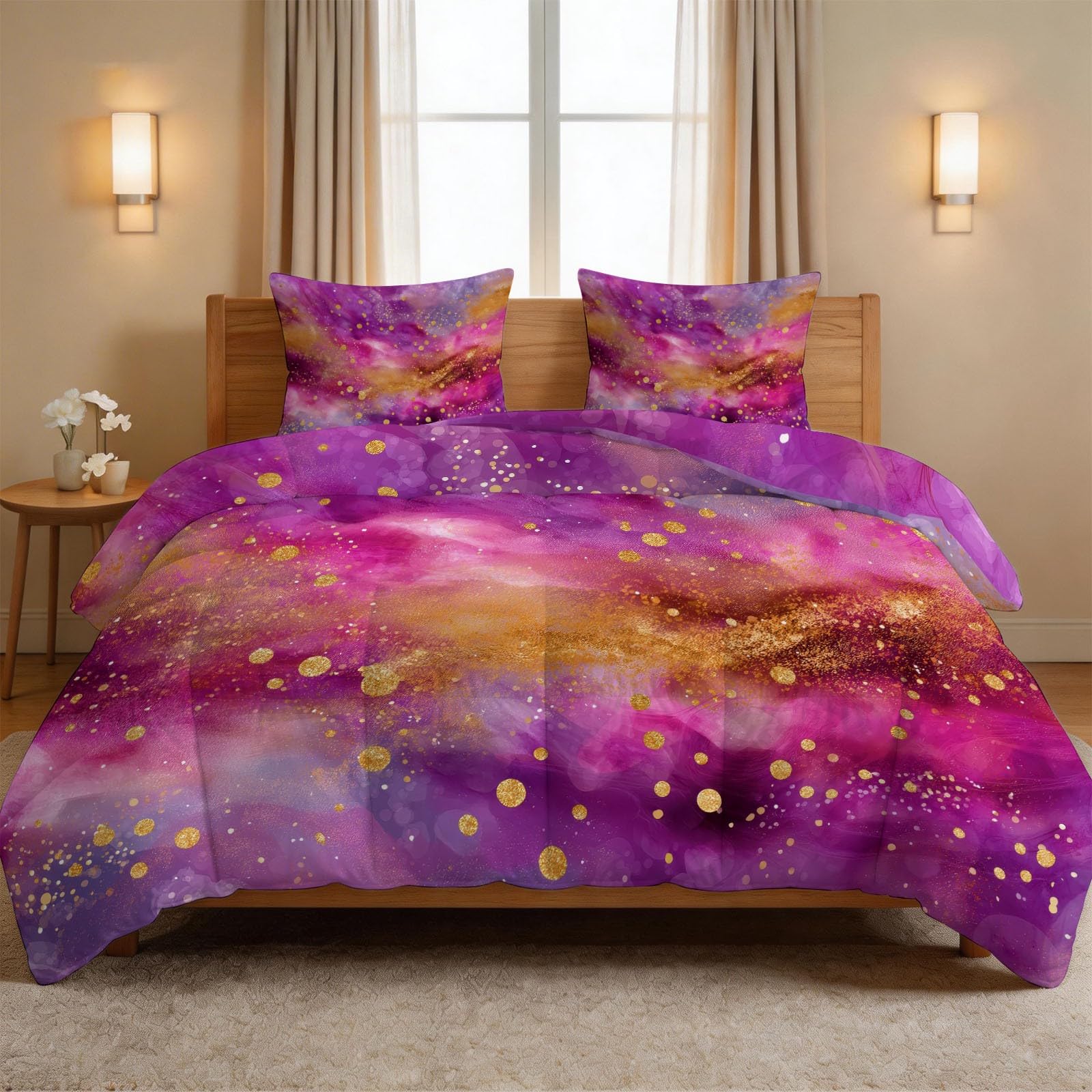Generisch Traumhaft Mode - Piumino senza rivestimento, 135 x 200 cm, viola fluido con lamina dorata, ipoallergenico, per tutto l'anno, con 2 federe da 80 x 80 cm, reversibile, lavabile, 4 stagioni