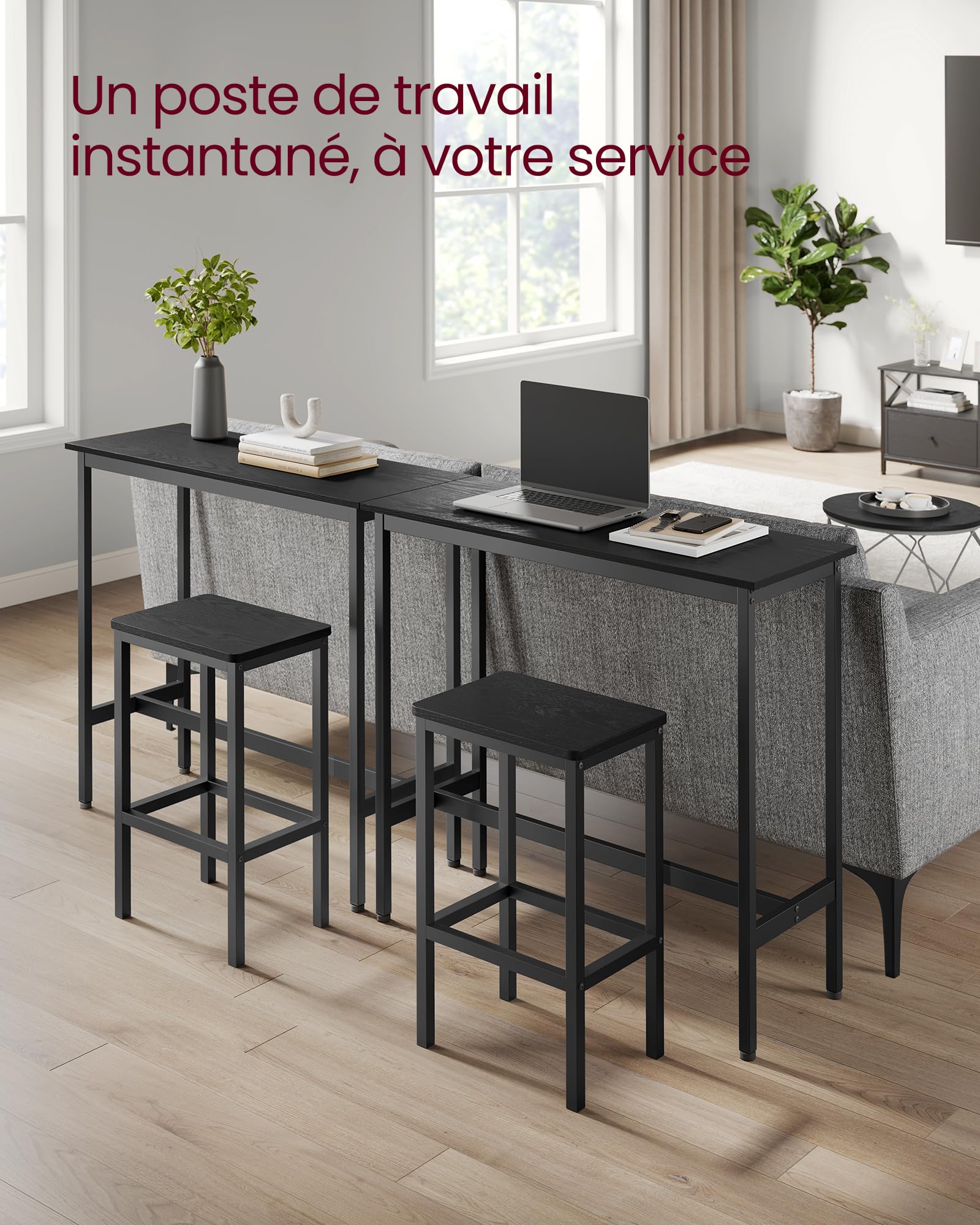 VASAGLE Ensemble de Meubles de Salle à Manger, Table et Tabourets de Bar, Table Petit-Déjeuner avec 2 Tabourets Hauts, Cadre en Acier, Style Industriel, Noir Boisé et Noir d'encre LBT218B56