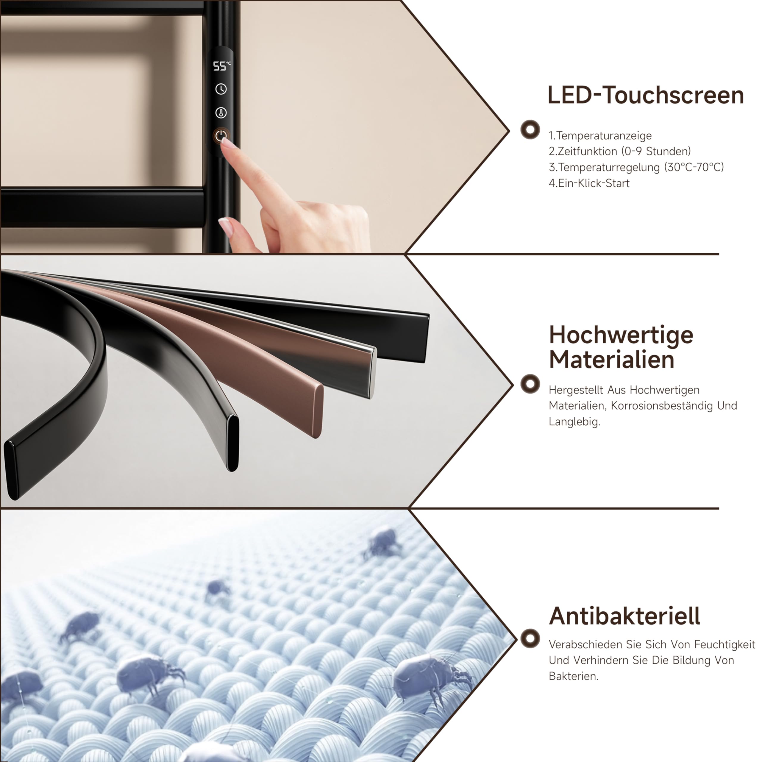 Elektrischer Badheizkörper,Schwarz handtuchheizkörper elektrisch,Die Abmessungen sind:1300×500 mm,Mit LED-Touchscreen,Kann zeitgesteuert werden und die Temperatur angepasst werden handtuchwärmer | Die Abmessungen betragen 1300 × 520 mm; der Handtuchwärmer