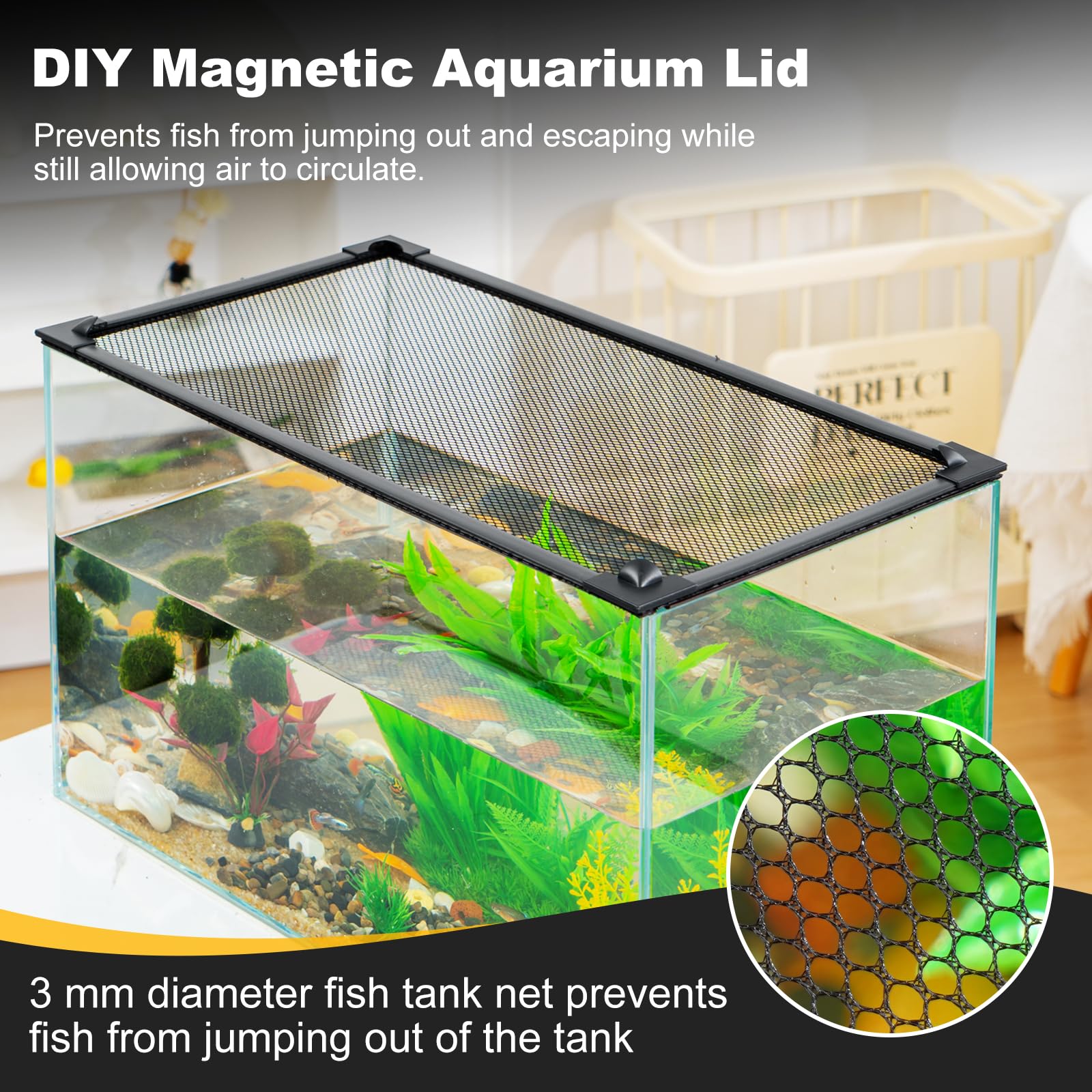 Uross Couvercle de réservoir de Poisson Couvercle magnétique pour Aquarium de réservoir de Poisson Couverture Filet Anti-Saut en Maille pour protéger Les Poissons Sauter Hors du réservoir de