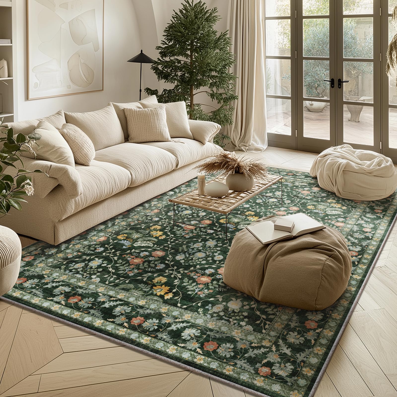 Vintage Botanical Dark Green Area Rug 5x7 Elegant Floral Pattern, Durable Stain-Resistant Fabric, Perfect for Living Room, Bedroom, Dining Room Decor