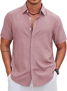 Men's Button Down Short Sleeve Shirts Casual Summer Vacation Shirts Linen Beach Wedding Shirt