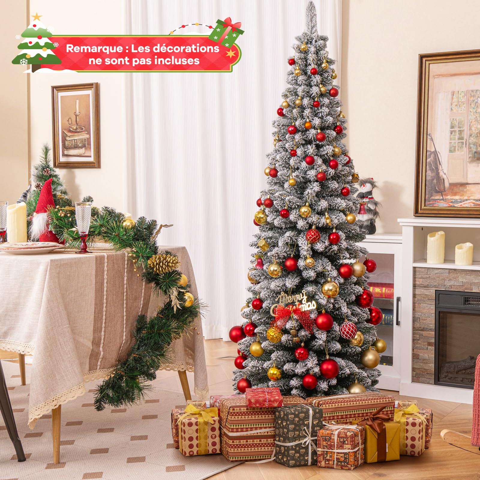 GYMAX Sapin de Noël Artificiel 180cm Mince Mignone, 460 Branches Blanches Floquées de Neige en PVC, Installation Facile en 3 Sections, Support en Métal, pour Maison, Bureau et Hôtel