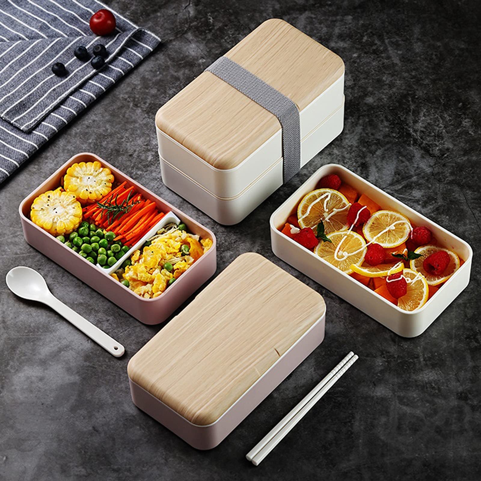 Fiambrera de Doble Capa de 1200 ml con Aspecto de Madera, Ideal para ensaladas, Tipo bento, portátil, con Compartimentos (Negro).