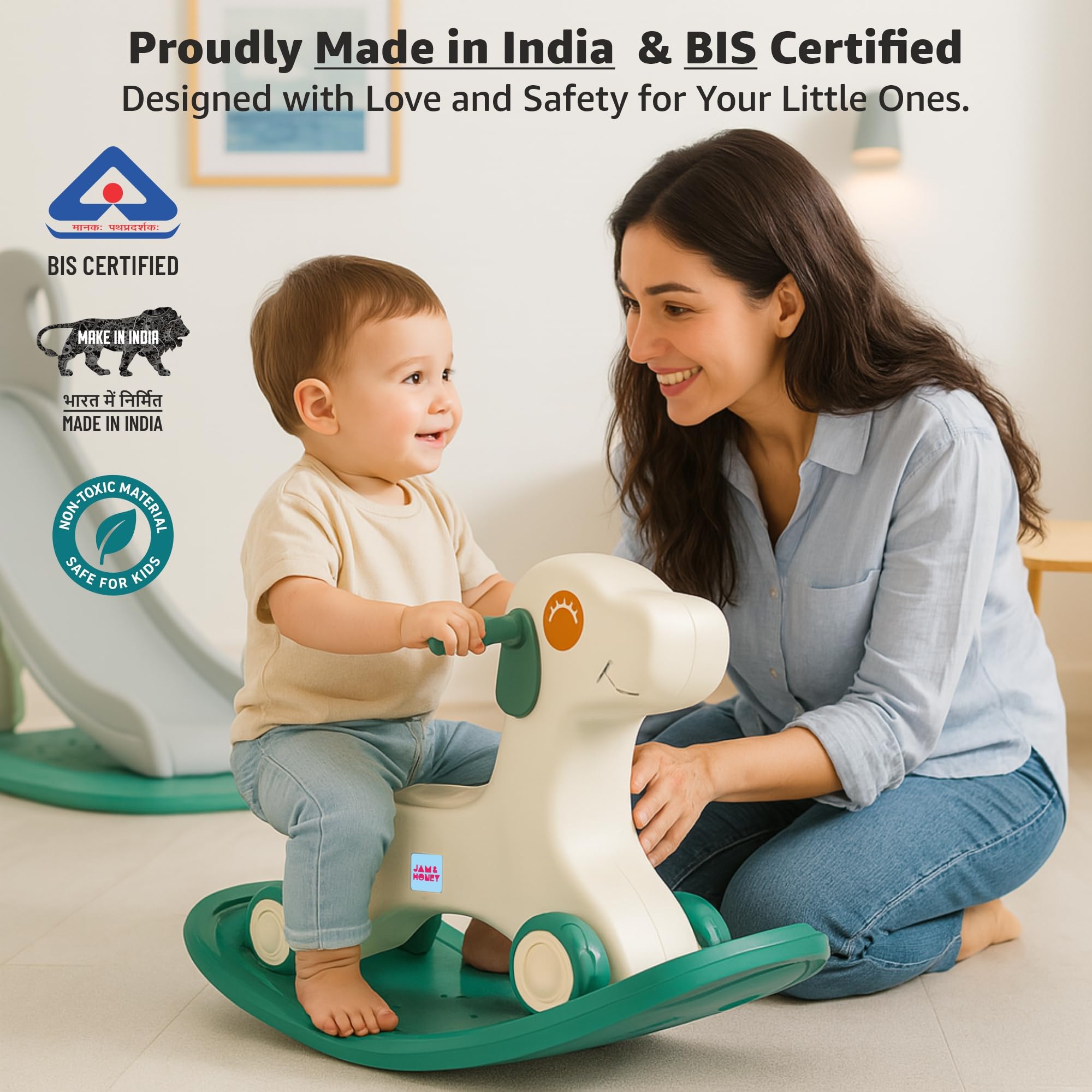 Amazon Brand - Jam & Honey 3-in-1 Puppy Push On Ride On Rocker for Kids | Balancing Board | Backrest | Easy Grip | Four Wheel | Durable and Safe | Lightweight | Animal Theme | 12 Months+ | Green 1