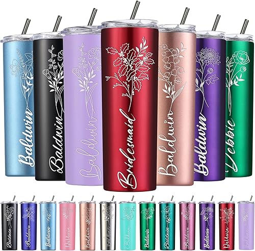 Vaso personalizado con flor de nacimiento con nombre personalizado con tapas, pajitas, vaso delgado personalizado, grabado aislante, Navidad,