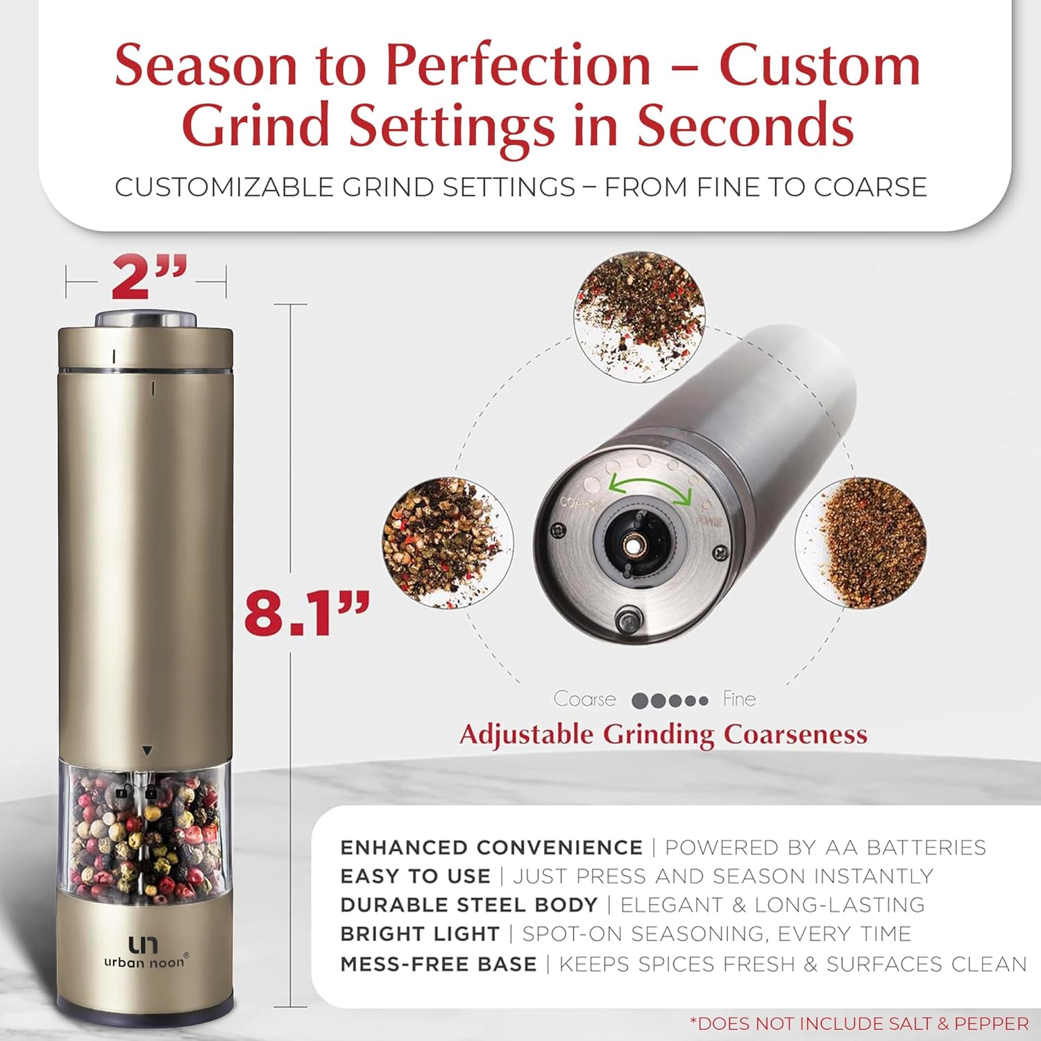 Electric Salt and Pepper Grinder Set - Battery Operated Stainless Steel Mill with Light (2 Mills) - Automatic One Handed Operation - Electronic Adjustable Shakers - Ceramic Grinders Champagne
