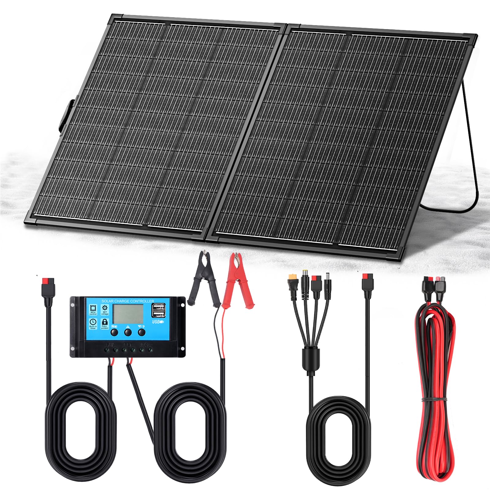 200W Portable Solar Panel Kit,23.5% High Efficiency 12BB Cells,Ultra-Thin 1.6mm Tempered Glass,20A PWM Controller, IP68 Waterproof,Foldable