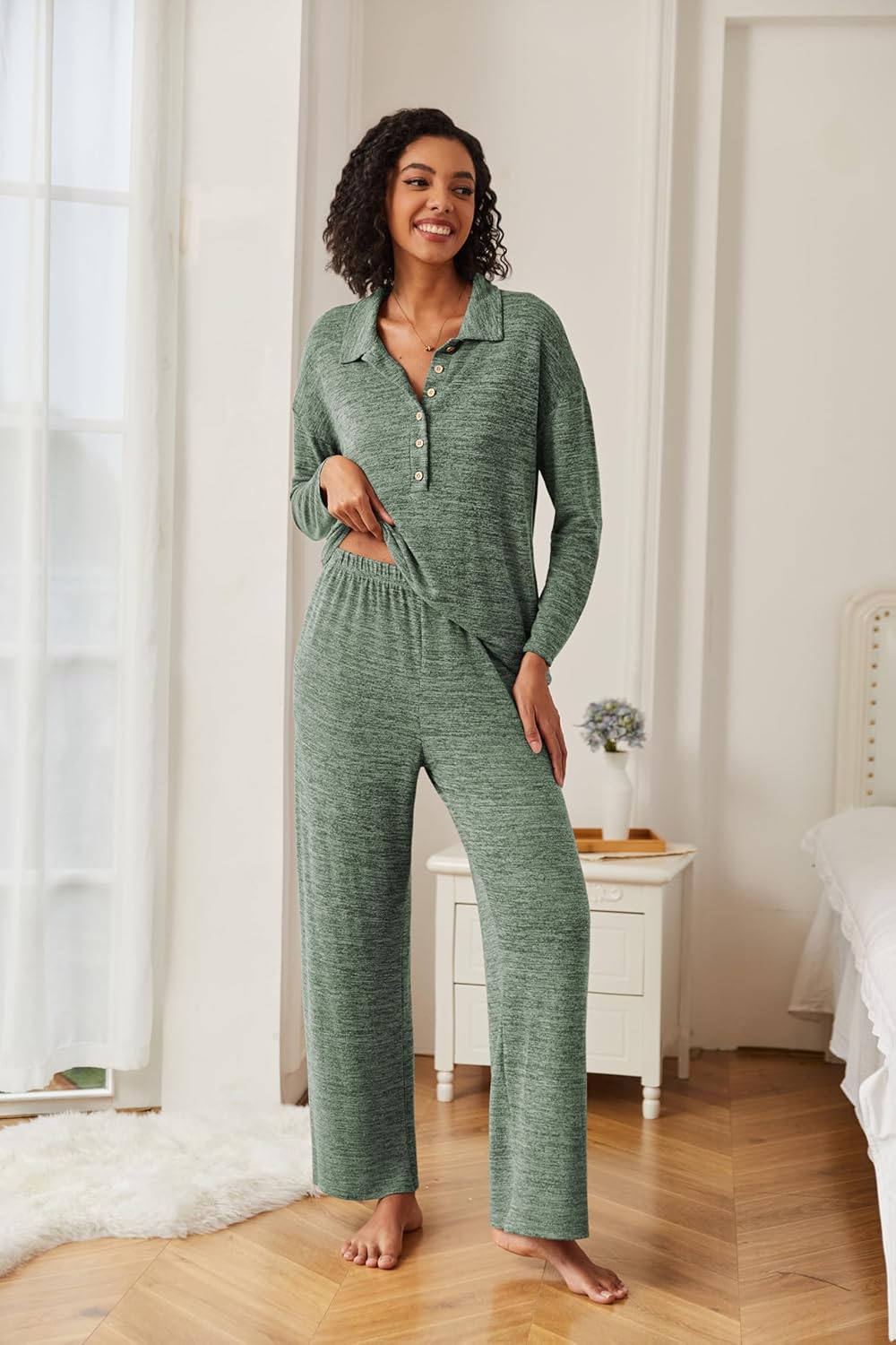 Ekouaer Women's Pajamas Set 2 Piece Knit Long Sleeve Button Down Sleepwear Soft Pjs Lounge Sets S-XXL - Image 2