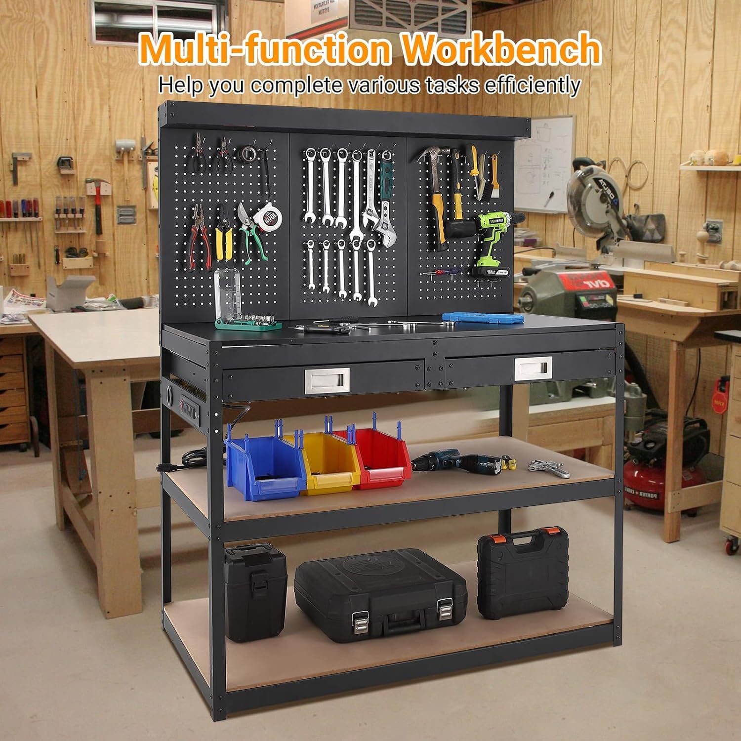 Workbench With Drawers With Pegboard & Power Outlet - 2 Drawer Metal ...