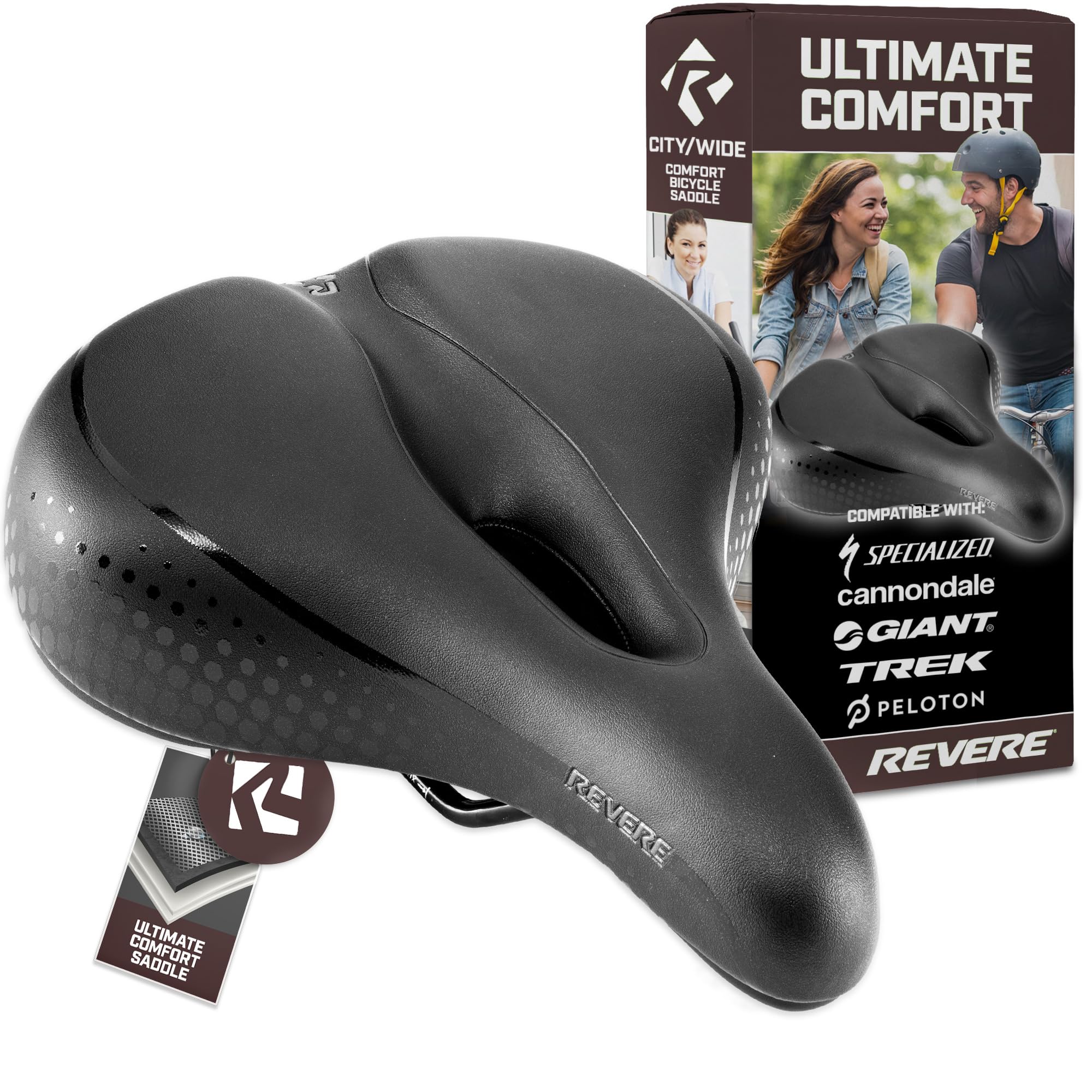 Revere Comfort Bike Seat Shock Absorber Suspension Gel Layer + Memory Foam Pad for a Smooth Ride. Vented Unisex Design, Waterproof Saddle, Integrated Lifting Handle. Suitable for All Bikes, E-Bikes.