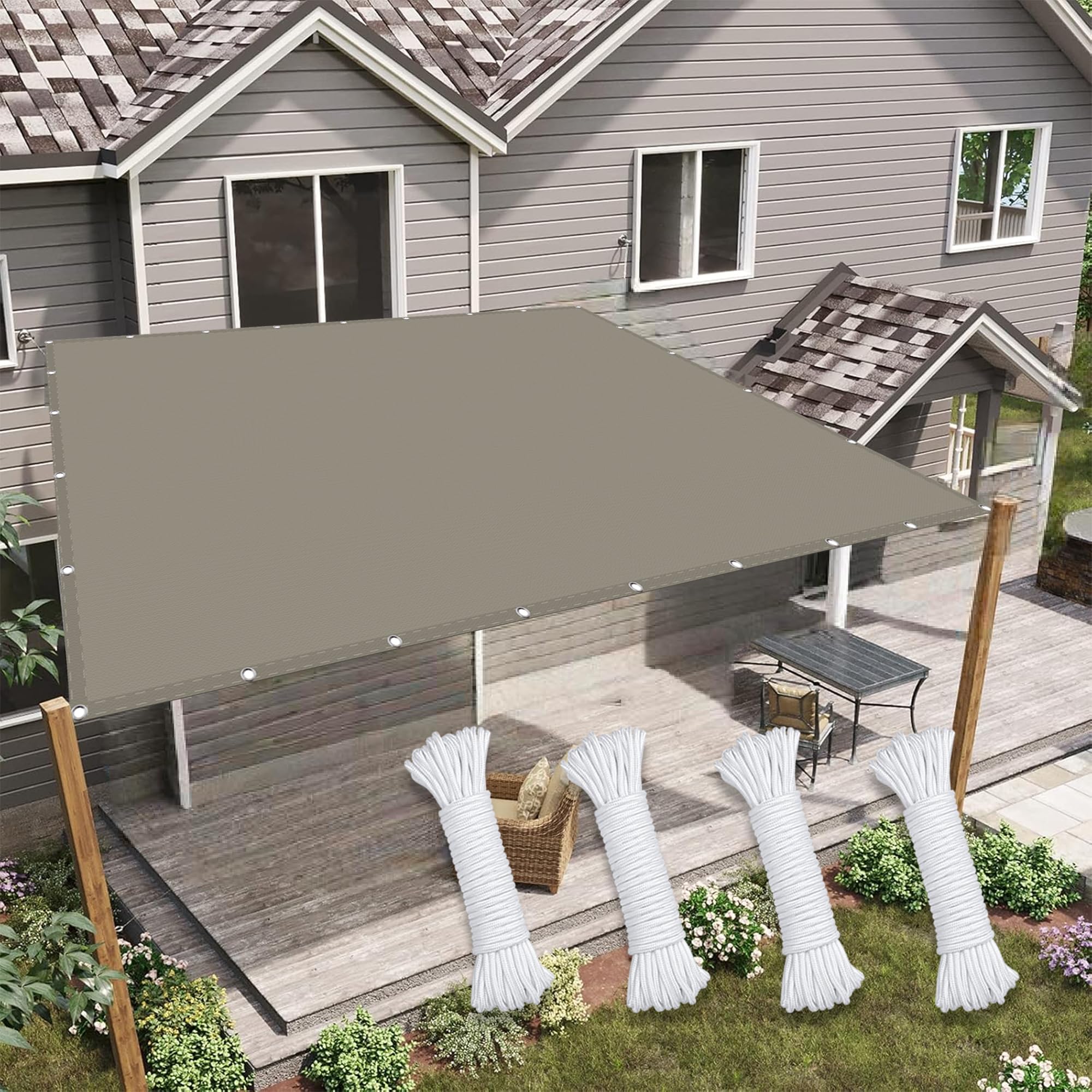 Voile d'ombrage rectangulaire étanche 6x7m taupe pour la protection terrasse et grand jardin