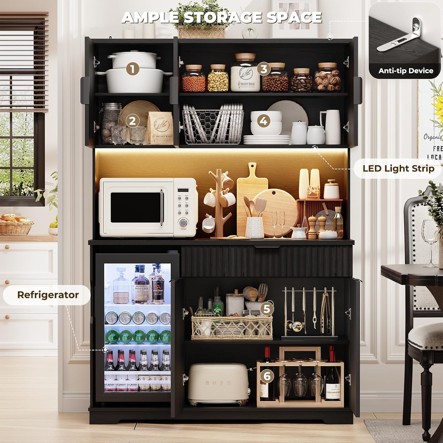 69" Kitchen Pantry with Fridge (Fridge Included), Fluted Coffee Bar Cabinet with LED Lights & Outlets, Tall Wine Bar Cabinet with Drawer & Storage Hutch for Living Room, Dining Room, Black