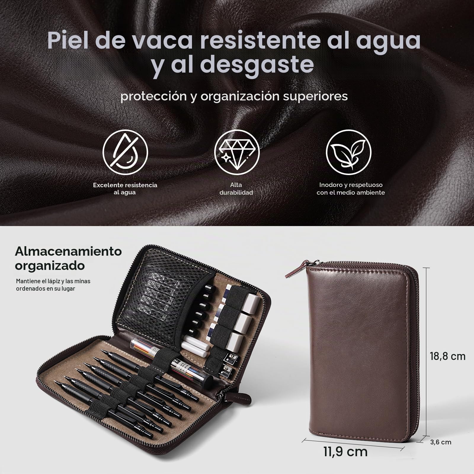 Nicpro 30 Piezas Portaminas Artísticas en Estuche de Cuero, Portaminas 0,5, 0,7, 0,9 y 2mm con 16 Recambios de tubos (6B 4B 2B HB 2H 4H color) para Dibujar Bosquejo-Negro