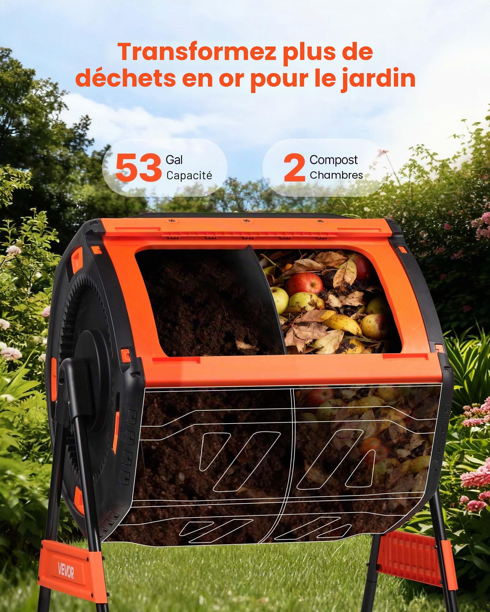 VEVOR Composteur de Jardin Rotatif, Bac à Compost Capacité 200 L à Double Chambre, pour Compostage des Déchets Cuisine Jardinier Extérieur, en PP, avec 2 Portes Coulissantes et Système d'Aération