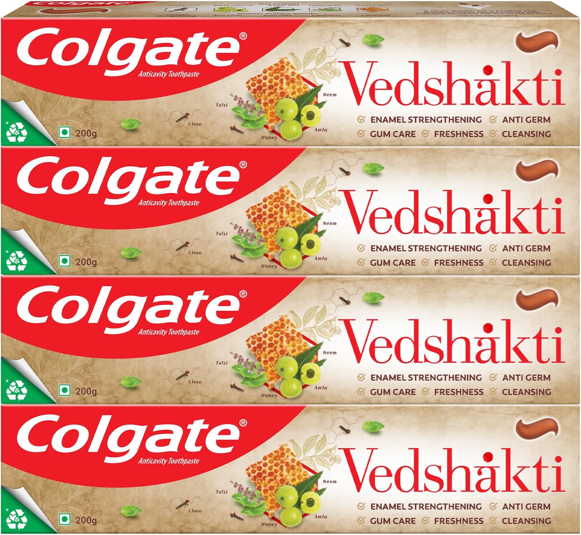 Vedshakti Toothpaste, Anti-Bacterial Paste for Whole Mouth Health, With Neem, Clove, and Honey, 800g, 200g X 4 (Saver Pack)