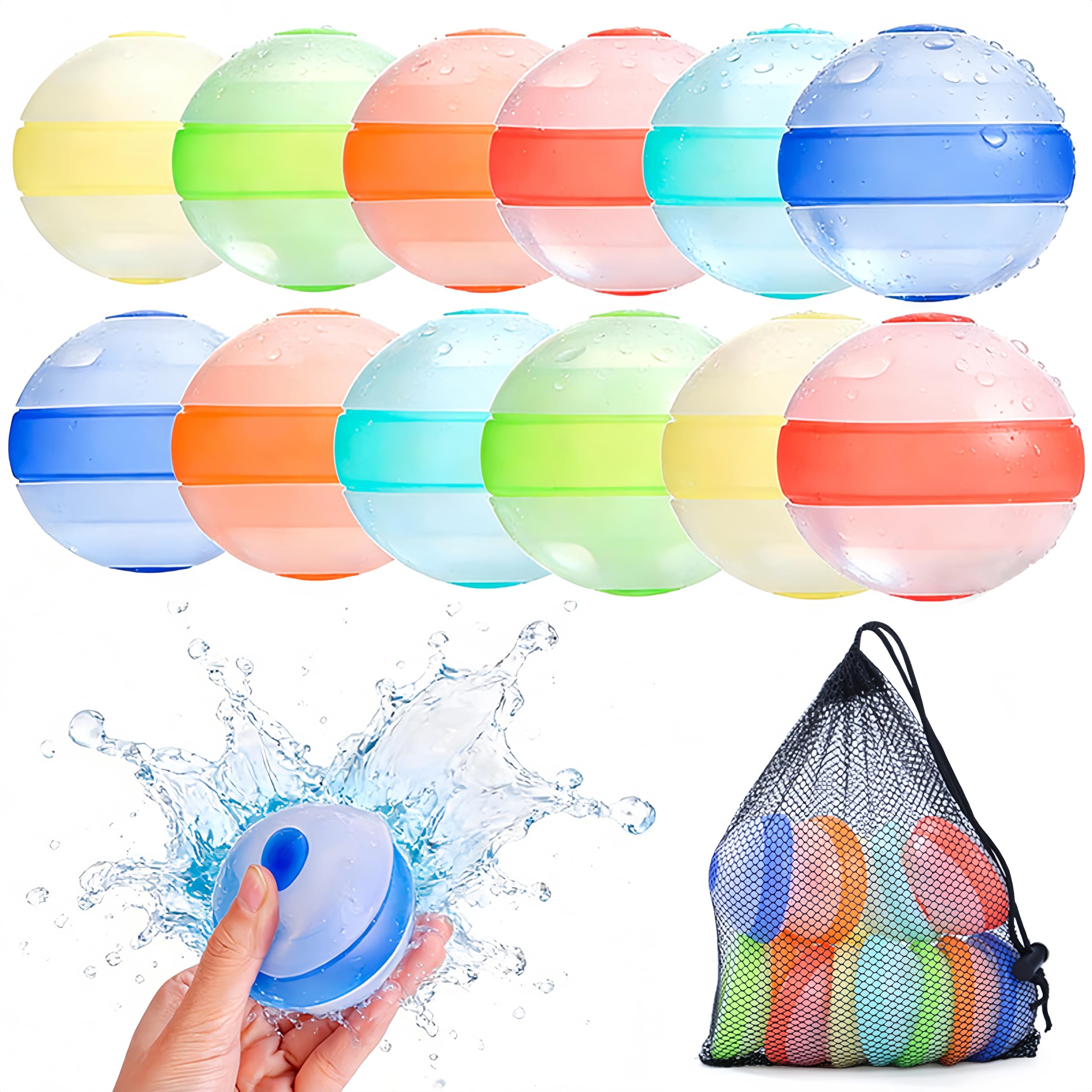 12 Stück Wasserbomben Wiederverwendbar, Wasserbomben Selbstschließend mit Netzbeutel, Eine Sekunde Schnellfüller Wasserballons für Sommer, Schwimmbad, Garten, Strand, Poolparty