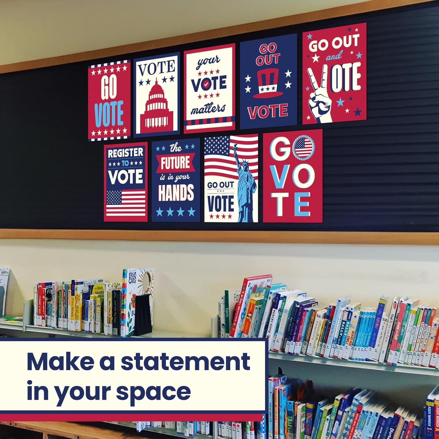 Wallbuddy Vote Campaign Political Wall Art | USA Election Go Out & Vote Campaign Signs Set of 9 Posters | Voting Government Posters for Classroom |Patriotic Election Day Posters (12x16)