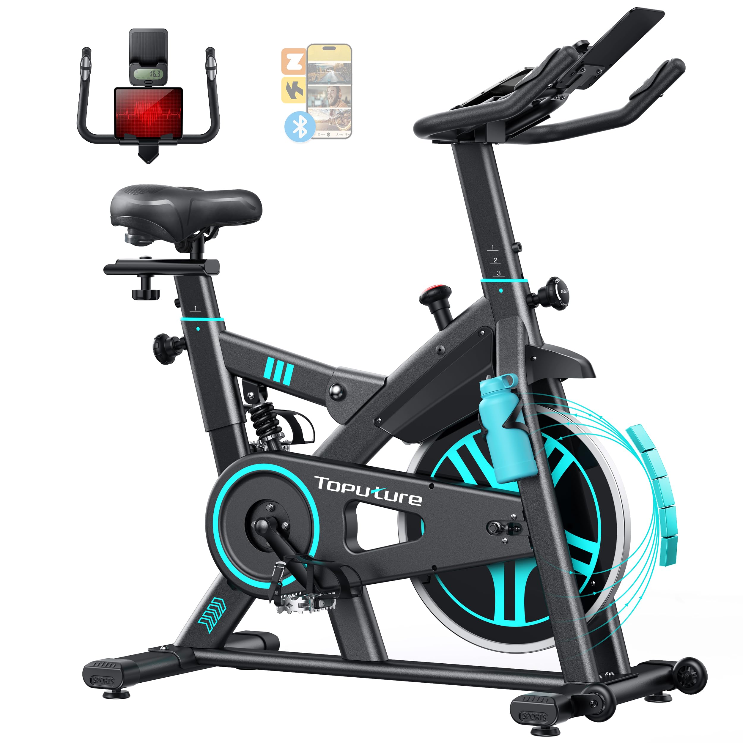 2026Toputure Home Exercise Bike with App, Exercise Bike with 100 Resistance Levels, 15kg Flywheel, Shock Absorption System, LCD Screen and Heart Rate Sensor, Supports up to 160kg
