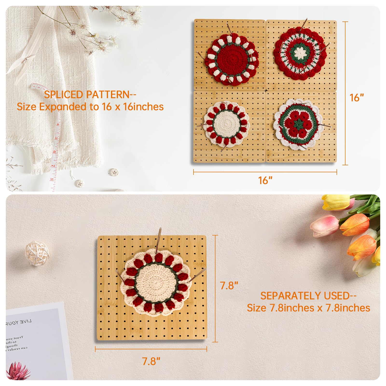 16 x 16 Inches Crochet Blocking Board 4 in 1 - Magnetic Splicing Large Size Granny Square Blocking Board Mats for Knitting & Crochet Projects with 15 Stainless Steel Pegs, Gifts for Mom, Grandmothers