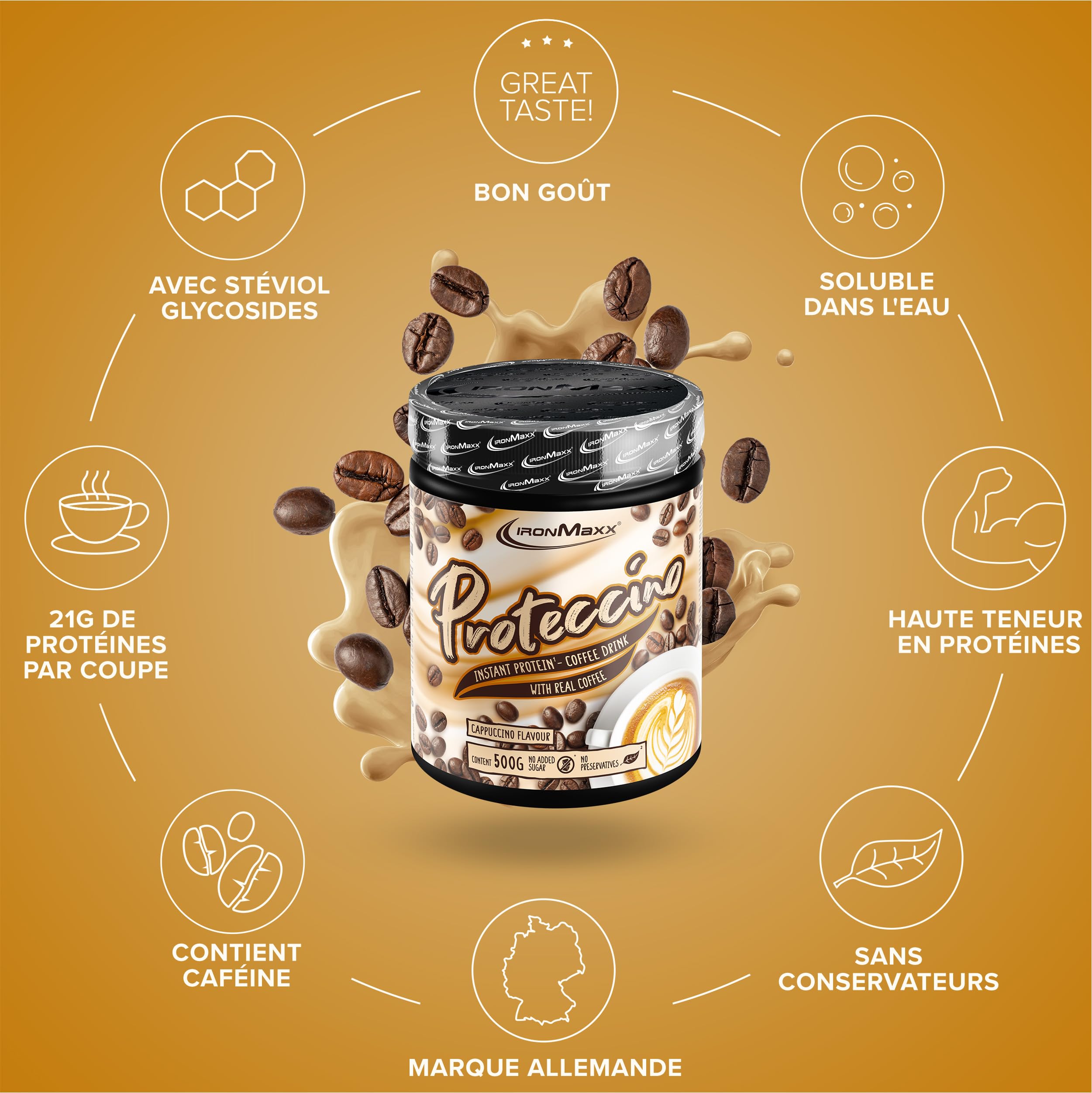 IronMaxx Proteccino Cappuccino 500 g – Café instantané protéiné avec whey protéine et caféine, sans sucres ajoutés, poudre pour boisson protéinée gourmande, idéale pour routine sportive