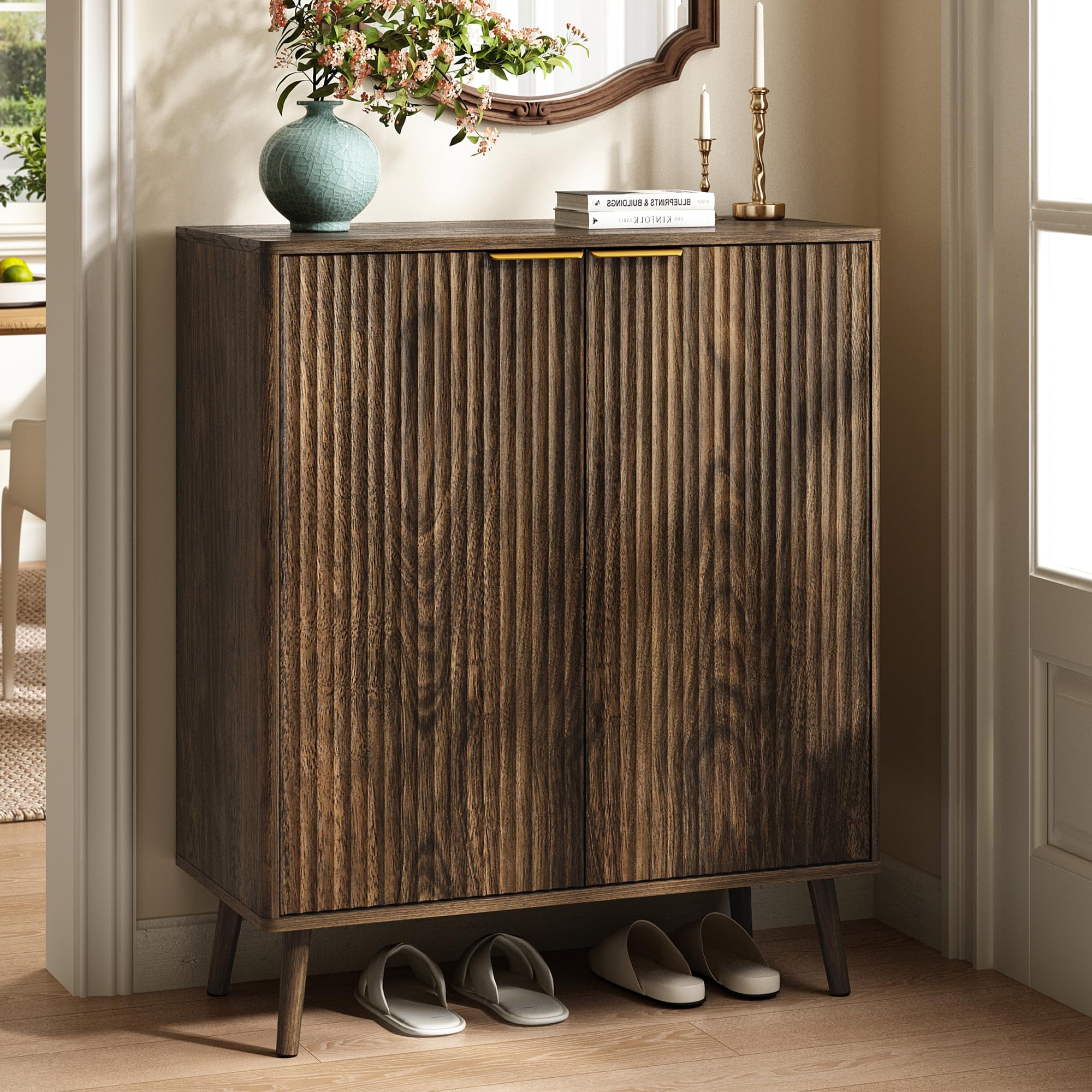 Sscaktu Fluted Shoe Cabinet with Doors, 5-Tier Shoe Storage Cabinet with Adjustable Shelves, Wooden Freestanding Shoe Organizer Shoe Cabinet for