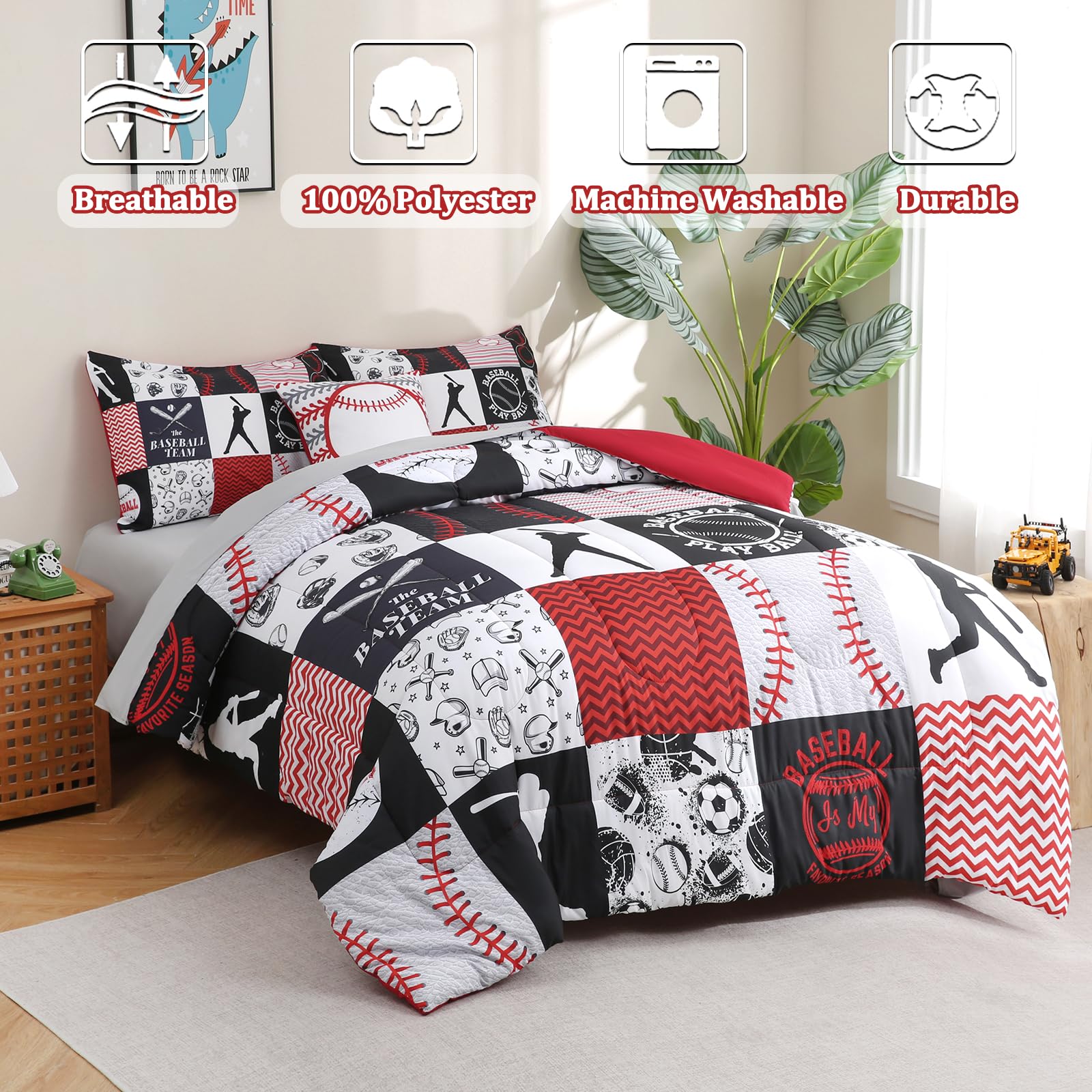 Tasselily 6 Pcs Baseball Twin Bedding Sets Sports Twin Size Comforter Set with Sheets for Boys Kids Teens