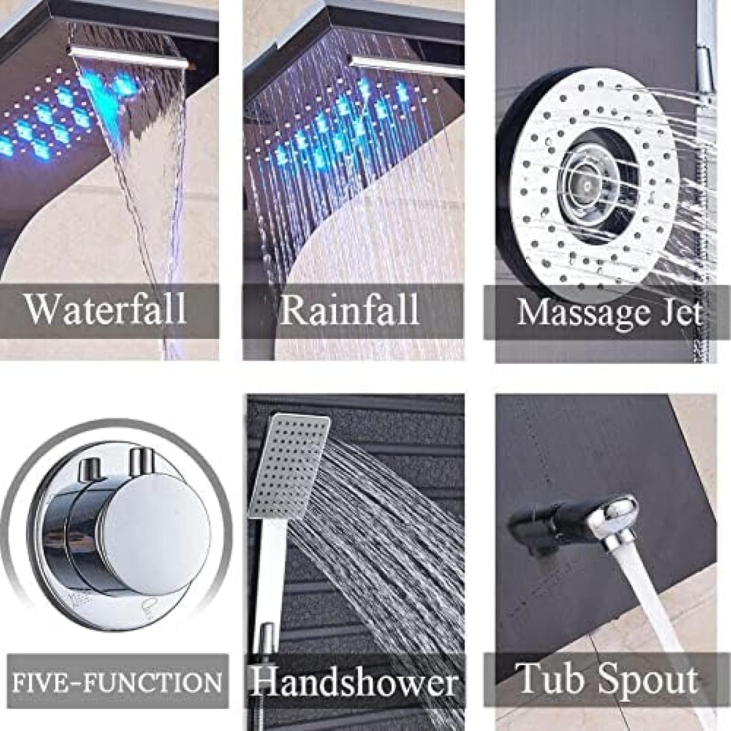 Stainless Steel Shower Panel Tower Suit,LED Rainfall Waterfall Shower Head 6-Function Faucet Rain Massage Suit with Body Jets