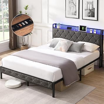 Queen Size Bed Frame with Storage Headboard Charging Station and LED Lights, Upholstered Platform Bed with Heavy Metal Slats, No Box Spring Needed, Noise Free, Easy Assembly Gray, Queen