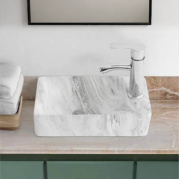 JONATHAN Y SNK1004B-R Felix 15 in. W x 8 in. D Modern Wall Mounted Rectangular Ceramic Mini Sink Basin, Right-Side Faucet, Gray Marble Effect
