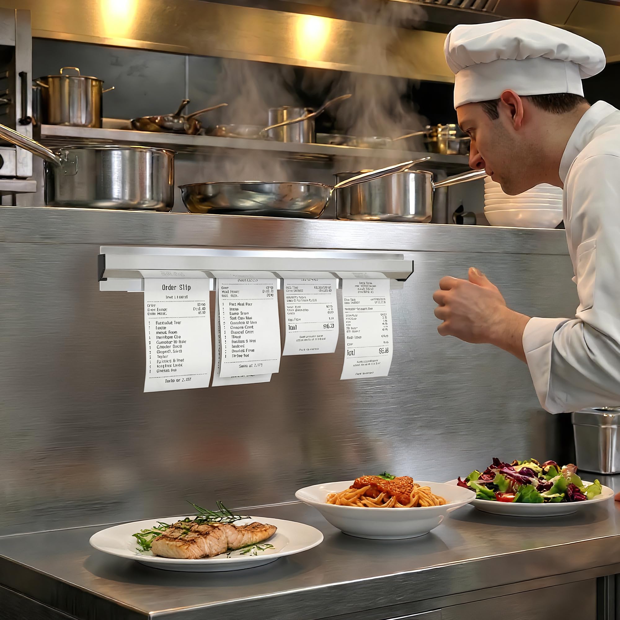 Paquete de 2 soportes para boletos para restaurante, sin taladro, soportes para boletos de pedidos de restaurante, cocina, oficina, paredes, refrigerador, hogar, pubs, bares, cafeterías (12 pulgadas