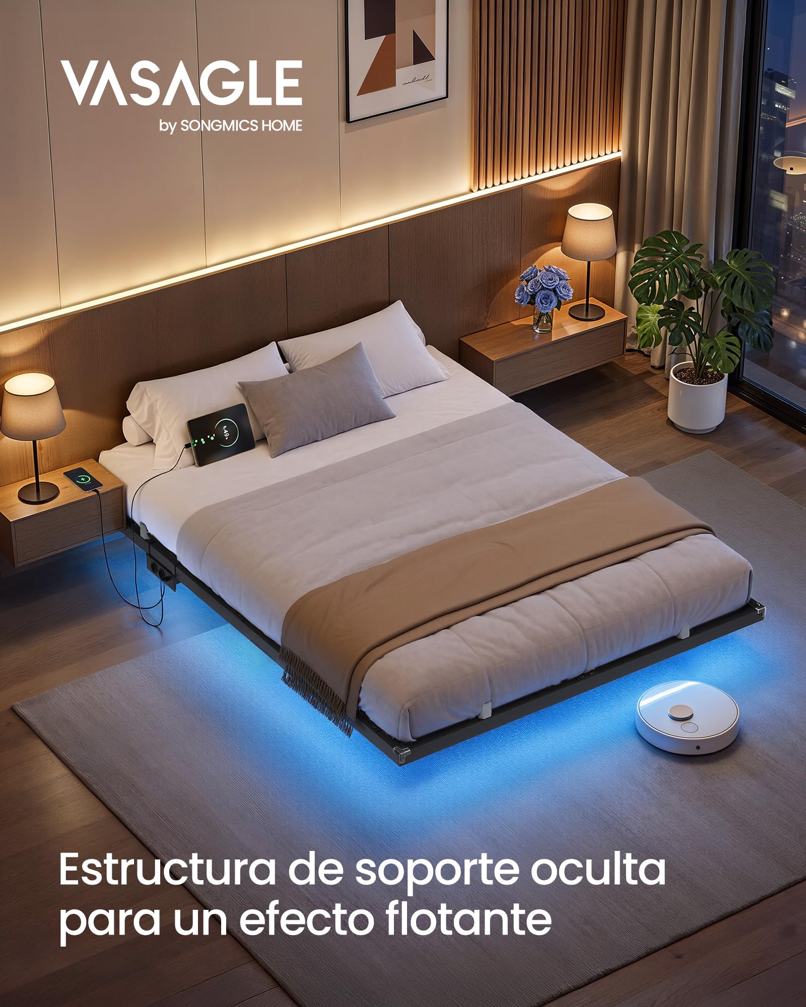 VASAGLE Marco de Cama 140 x 200 cm, Luces LED, Estación de Carga Extraíble, 2 Tomas CA, 1 Puerto USB-C, 1 Puerto USB-A, 1 en Posterior, Soporta hasta 500 kg, Negro Tinta RMB174B101