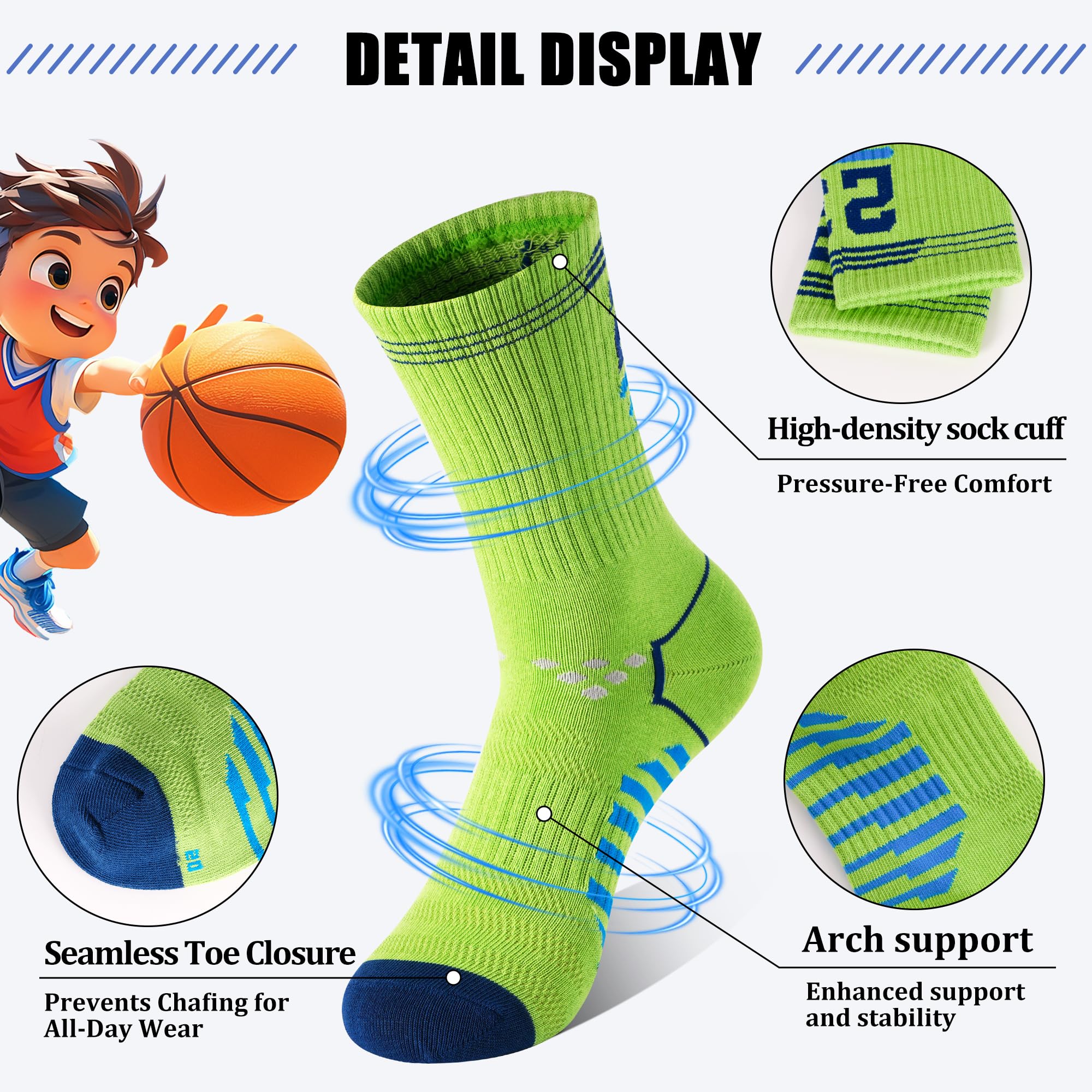GRPSKCOS Lot de 6 paires de chaussettes de sport en coton pour enfants, chaussettes confortables pour garçons et filles de 5 à 14 ans