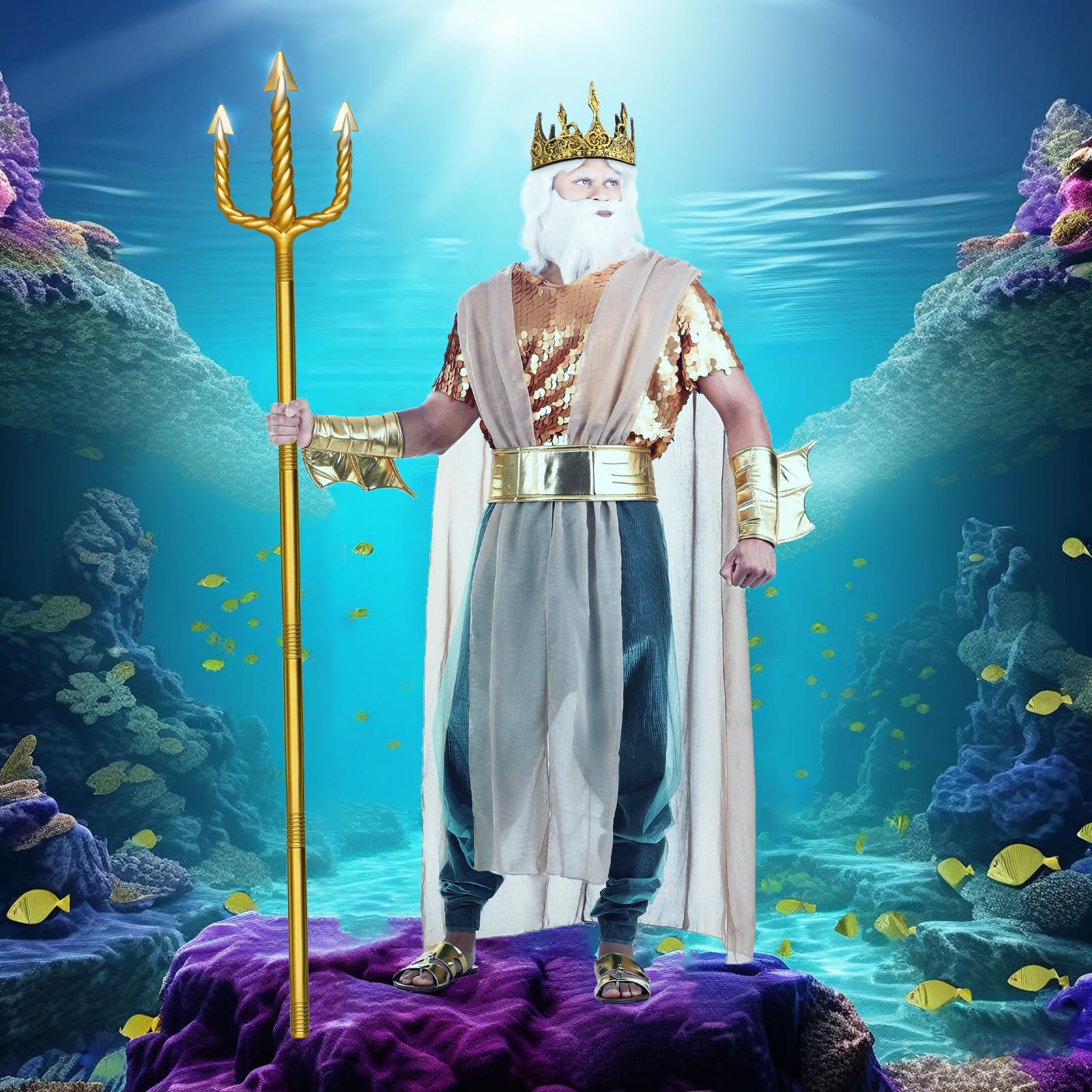 Tanganan Nettuno Trizack del re Nettuno, accessorio per costume, costume da triplo coda dorato, per Halloween, Re, diavolo, costume da triplo con corona per adulti, vestito, costume da cosplay