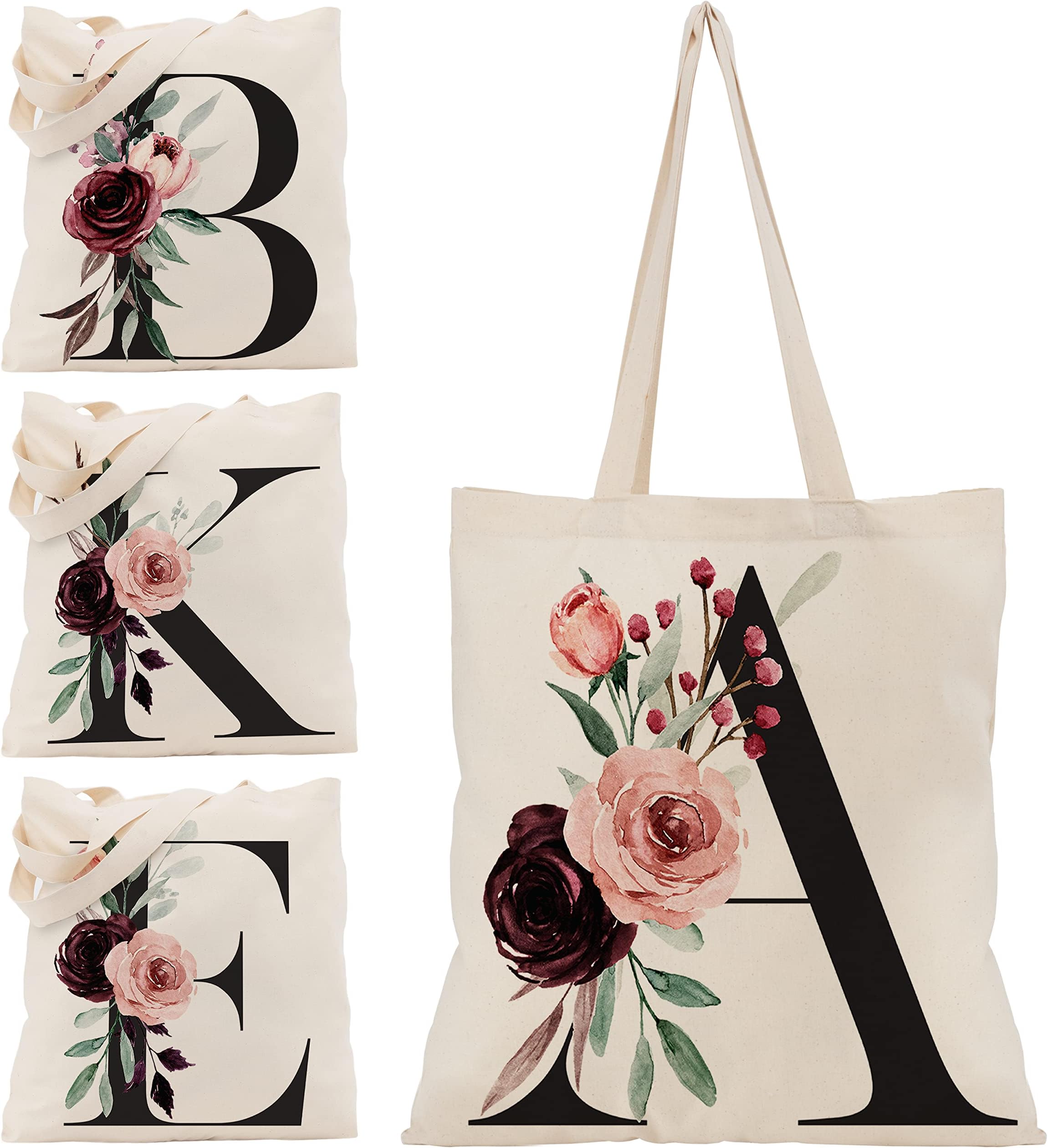 Floral Initial Tote Bag Gift for Women, Bridesmaid, Bachelorette Party, Bridal Shower