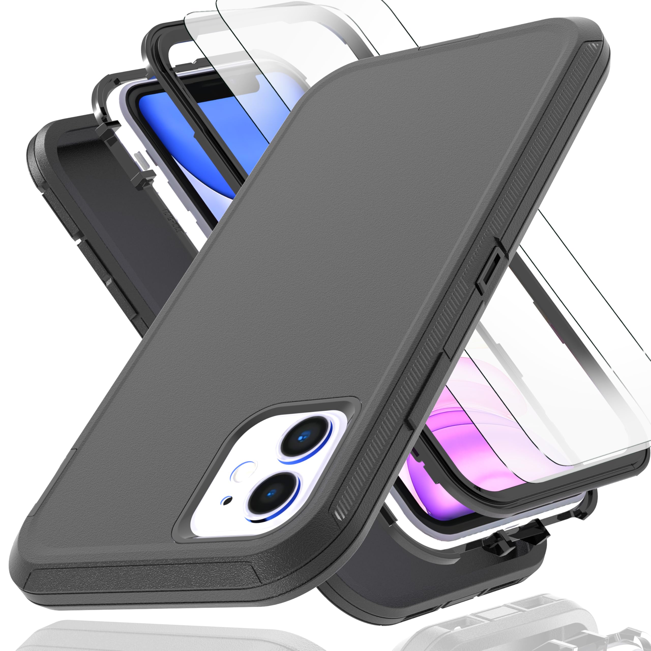 KaiMai for iPhone 11 Case with Explosion-Proof Film[2 Pack],3 in 1 Shockproof TPU Hard PC Bumper Drop-Proof Shell for iPhone 11,Black